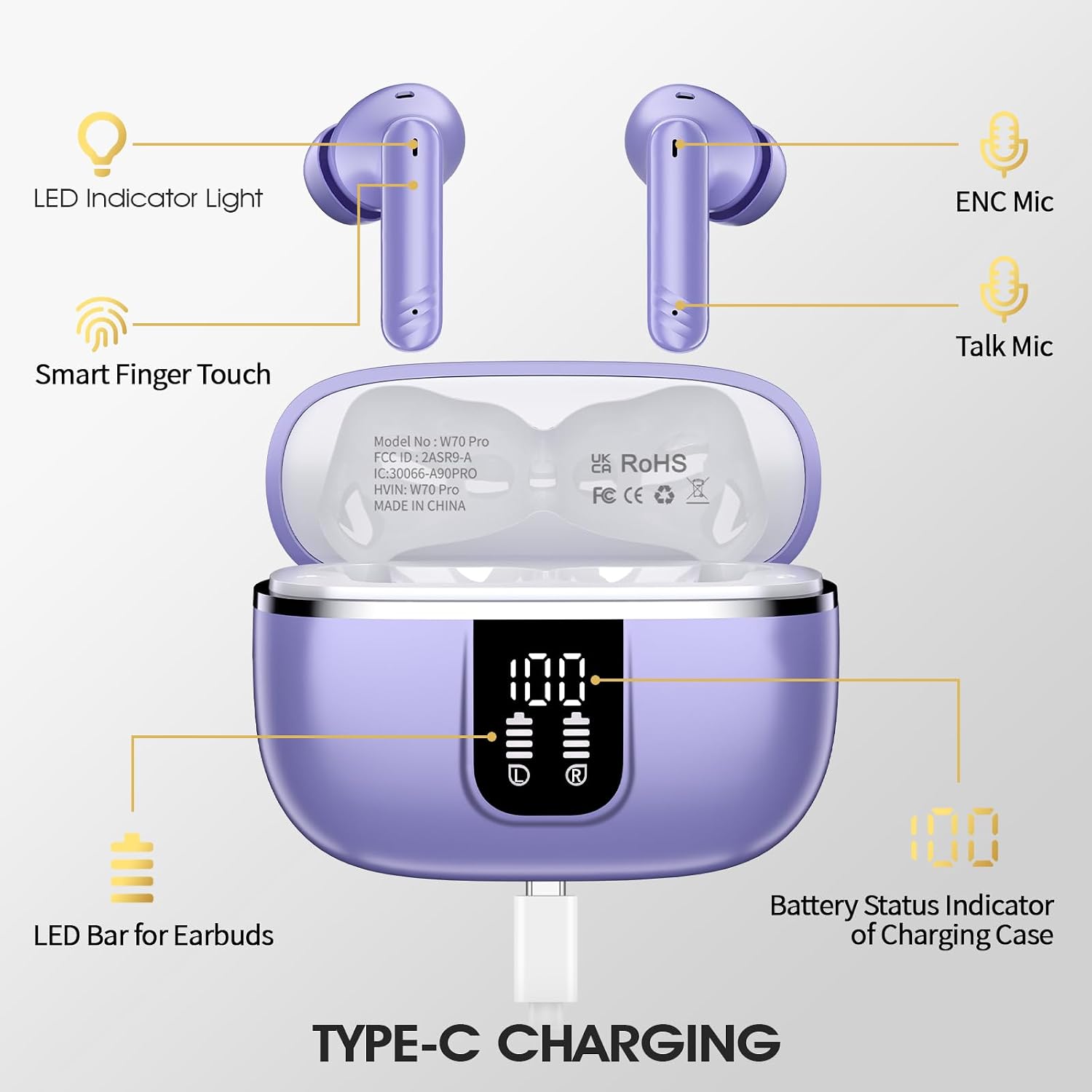 Detalle de Wireless Earbuds with Bluetooth 5.4, 4‑Mic ENC Noise Cancelling, IPX7, 46h Playtime, 3D Bass – Purple