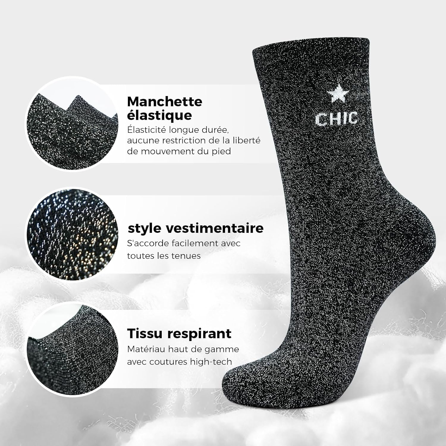 Detalle de Lusibaka Chaussettes Paillettes Femme ROMANCE 39-46 – con brillo para el quotidien