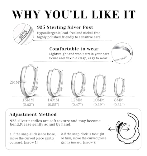 Thumbnail 1 de Senteria 5 Pairs Silver Hoop Earrings for Women – Hypoallergenic Small Huggie Set