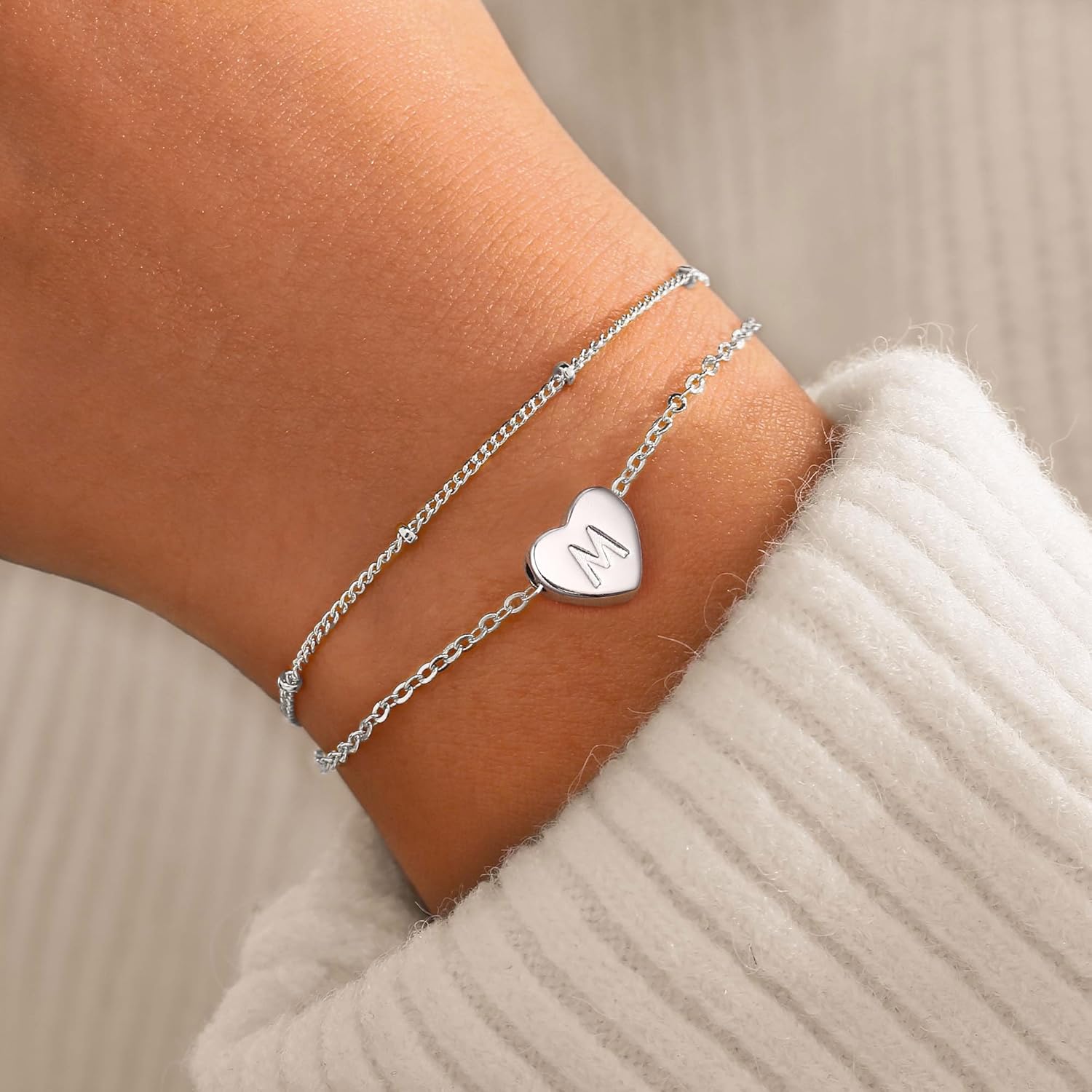 Thumbnail 1 de TINGN Bracelet cœur en argent et plaqué or blanc 14 carats avec initiales – Bracelet à breloques cœur, duo élégant