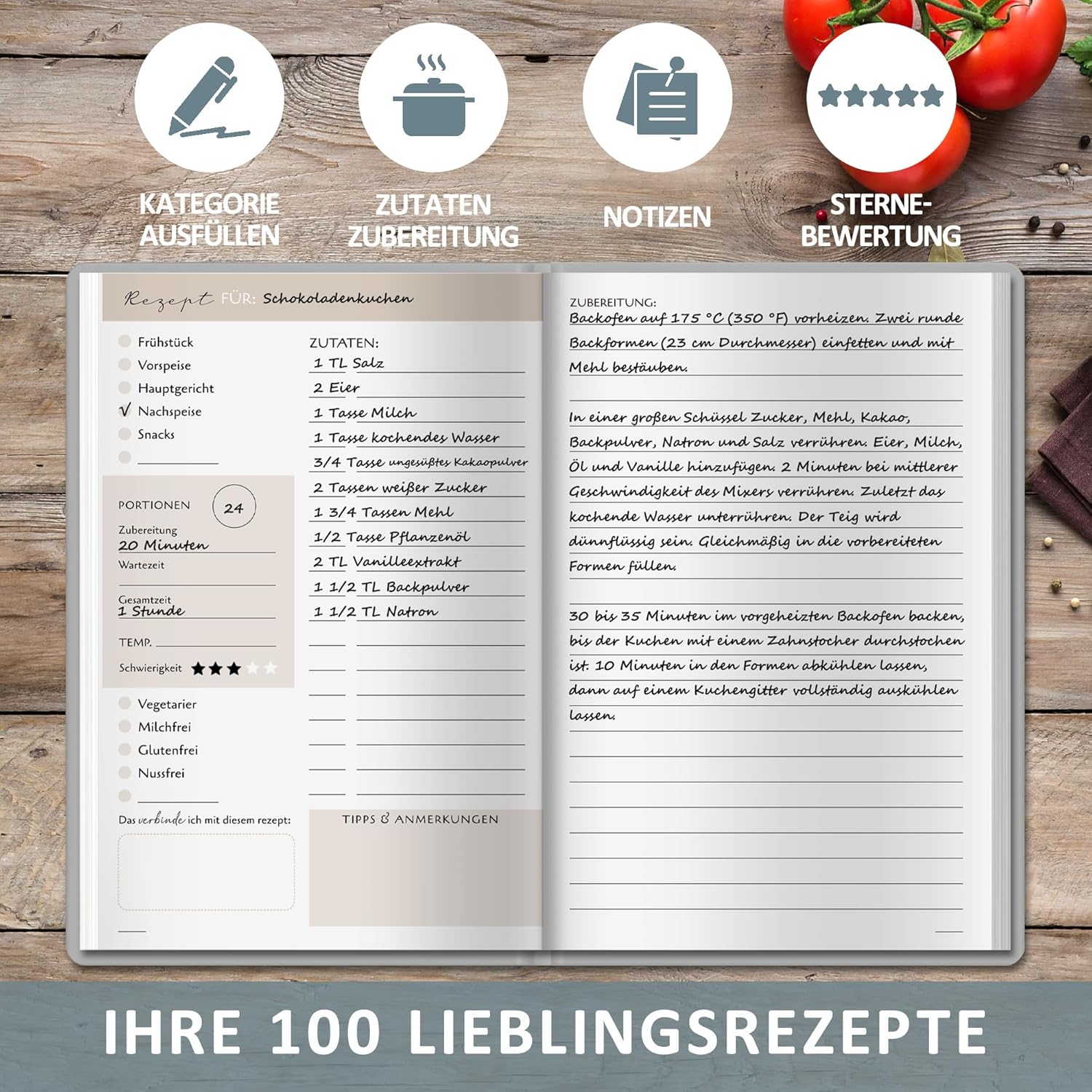 Detalle 2 de BIROYAL Rezeptbuch zum Selberschreiben A5 – Dein persönliches Kochbuch für 100 Lieblingsrezepte
