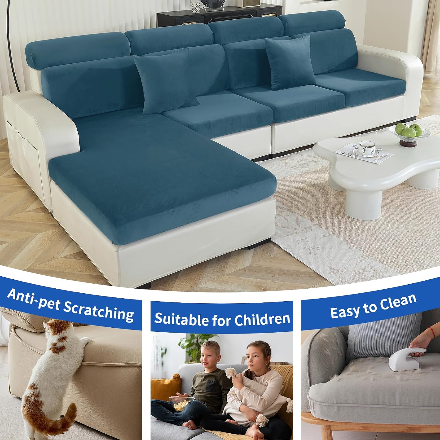Thumbnail 6 de Copriseduta Divano Elasticizzato in Velluto Blu Pavone Ystyle – Grande 1 Posto, Universale