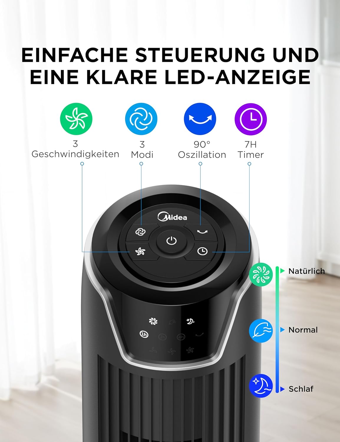 Thumbnail 4 de Midea FZ10-17JR Turmventilator Leise mit Fernbedienung – 92 cm, 3 Modi, 3 Geschwindigkeiten, Timer 7 Stunden, Schwarz