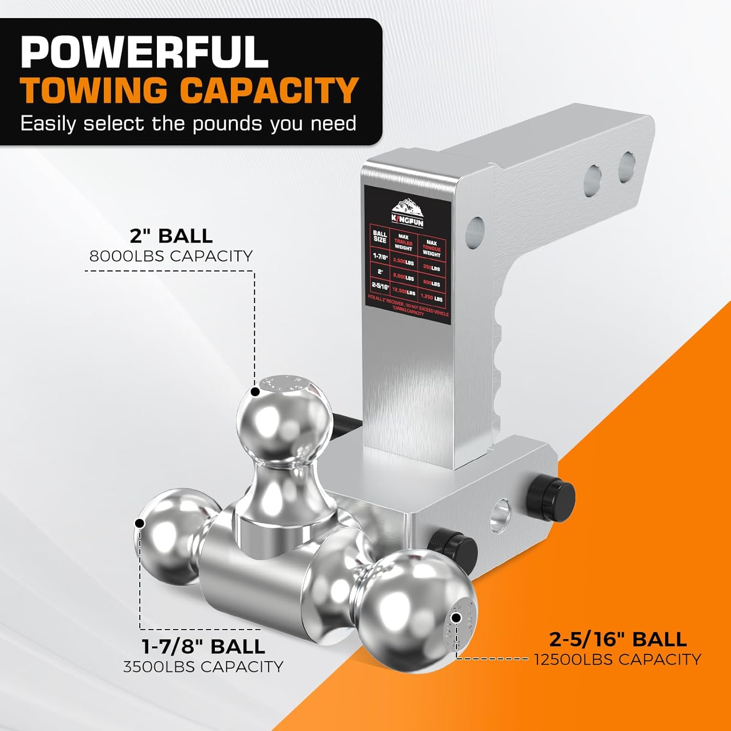 Thumbnail 2 de Kingfun Adjustable Trailer Hitch (2-Inch Receiver) with Tri Ball, 6-Inch Drop/Rise, 12,500 LBS GTW Aluminum Tow Hitch