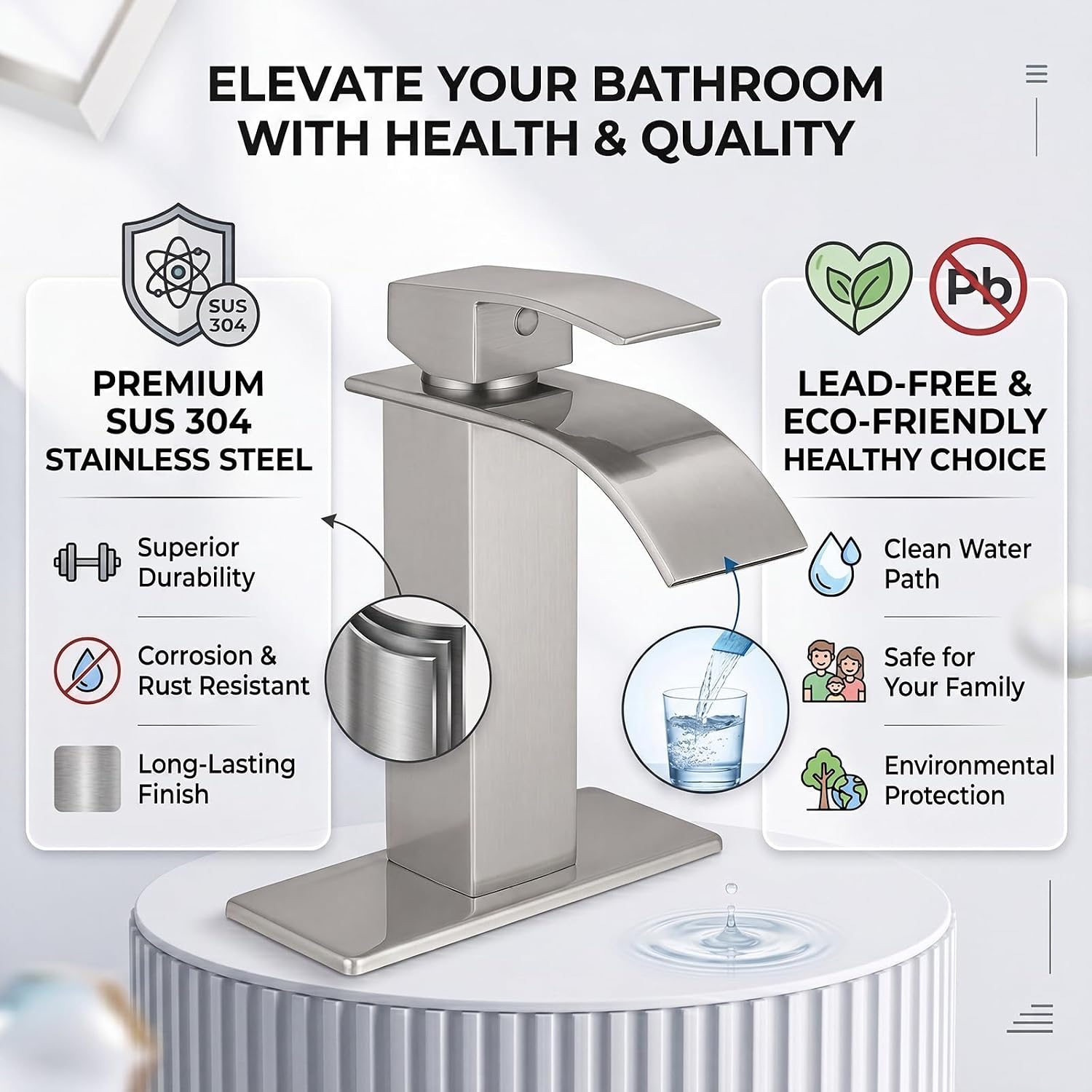 Detalle de VOTON V-1527L Waterfall Bathroom Faucet, Brushed Nickel, Single-Hole