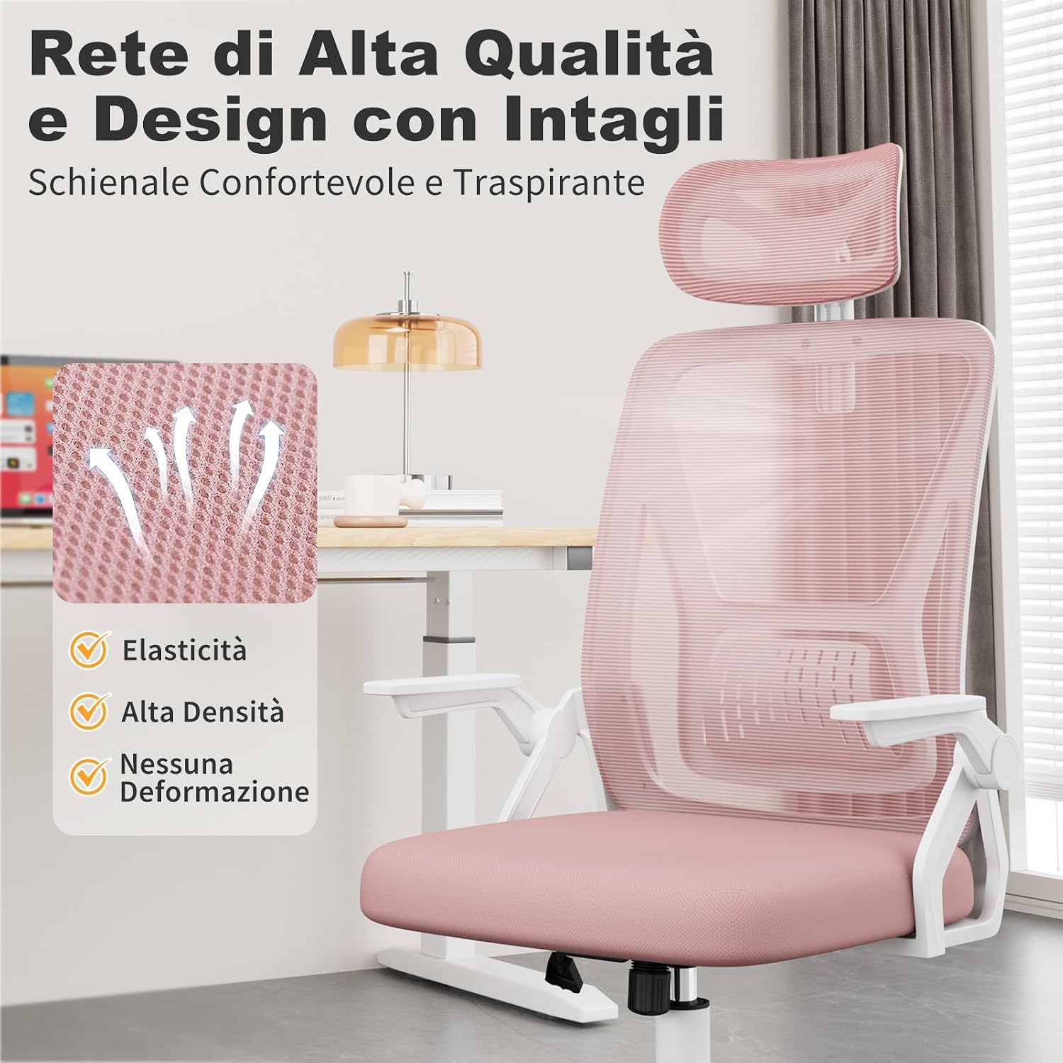 Detalle de naspaluro Sedia da Ufficio rosa con braccioli ribaltabili, poggiatesta e schienale in rete traspirante
