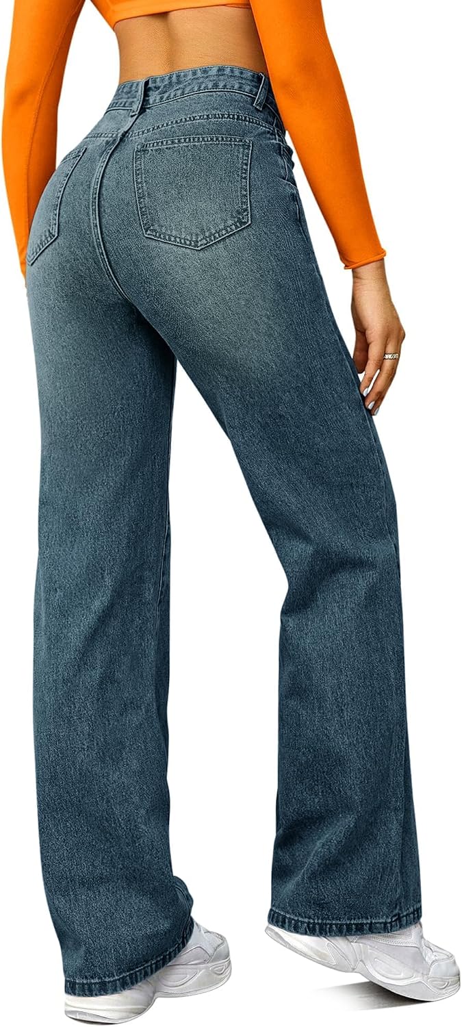 Detalle 2 de FUNUCA Straight Leg Jeans for Women, High-Rise Wide-Leg Stretch Denim