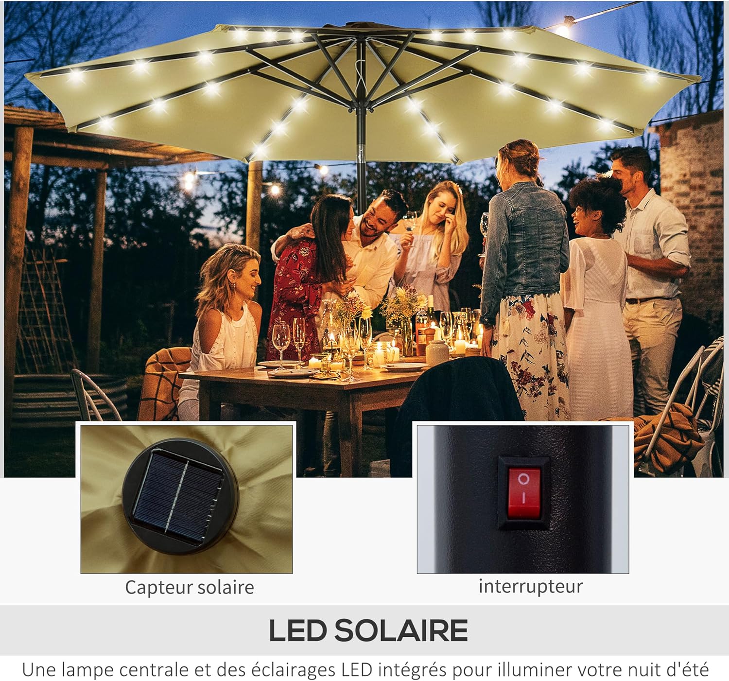 Thumbnail 2 de Parasol de jardin droit octogonal Outsunny, inclinable, lumineux solaire avec 24 LED (Ø 2,7 x 2,4 m)