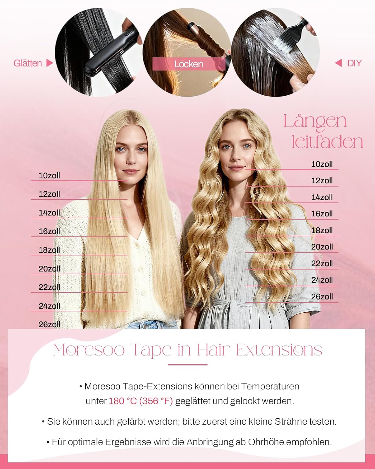 Detalle de Moresoo Tape Extensions Echthaar – 10 Stück, 50 cm, nahtloses Echthaar-Volumenpaket