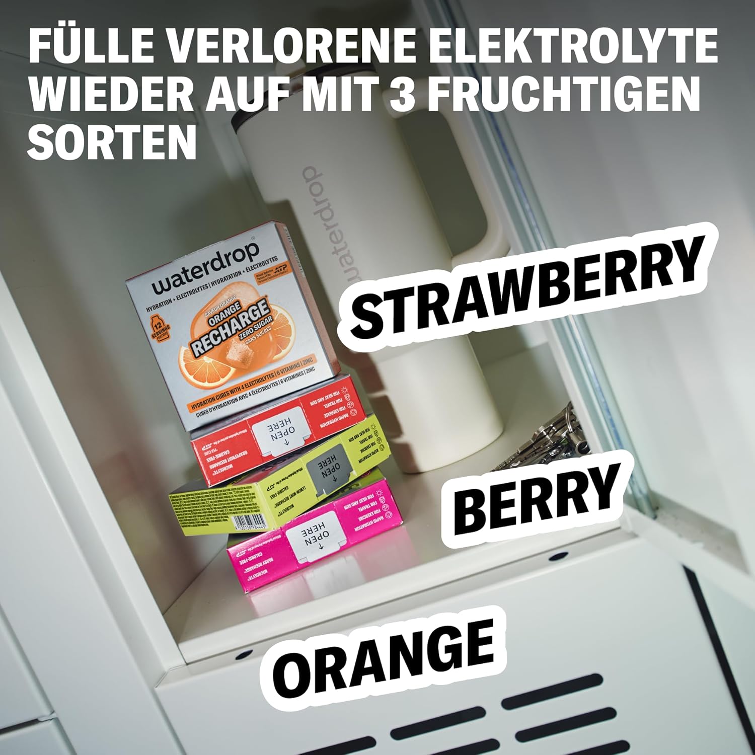 Detalle de waterdrop Elektrolyte-Mix – 36 Drops Würfel mit Magnesium, Kalzium, Natrium + Zink – Zuckerfrei, vegan, in Orange, Erdbeere & Berry