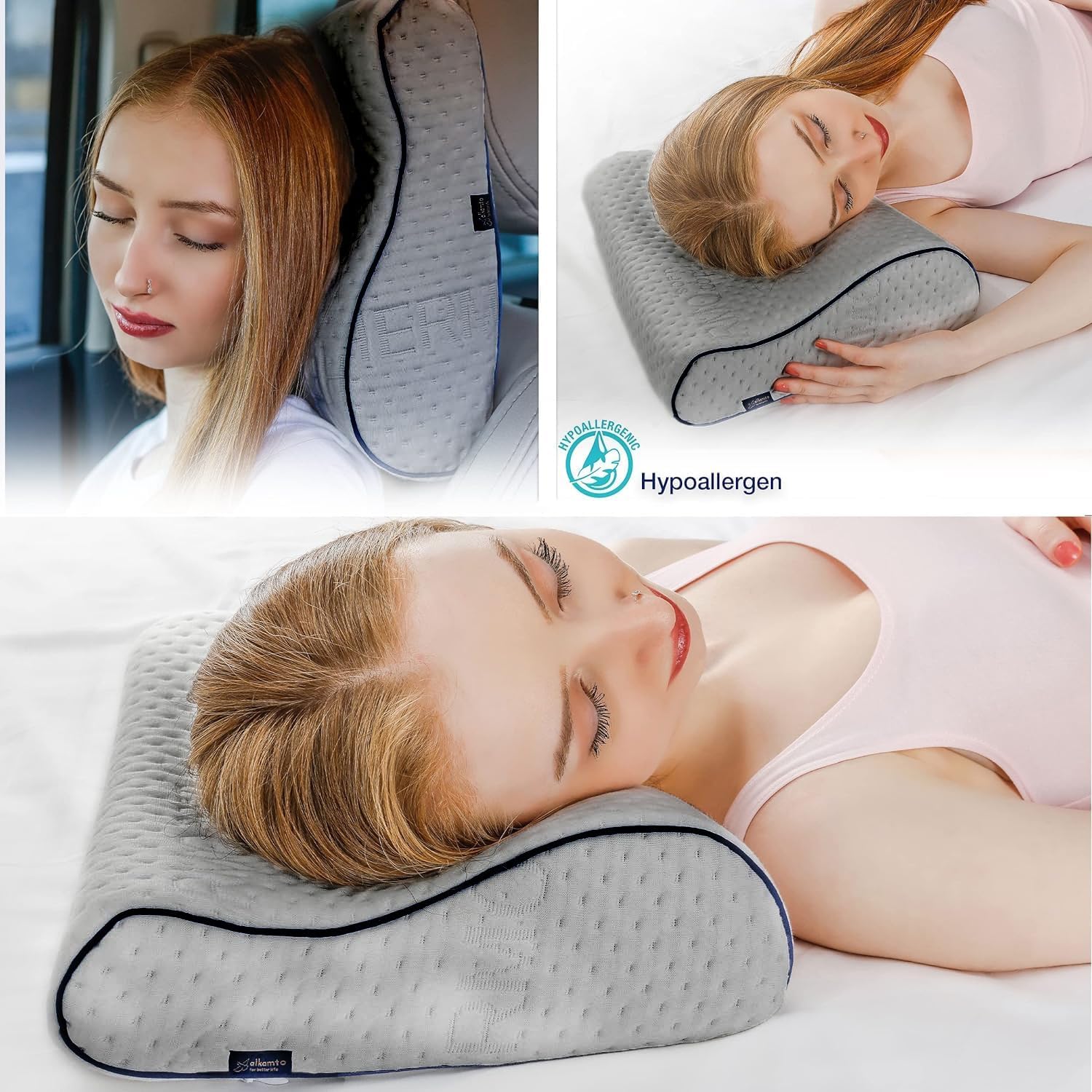 Detalle de Alkamto Cuscino da viaggio in memory foam con supporto ergonomico e federa termoregolante, grigio