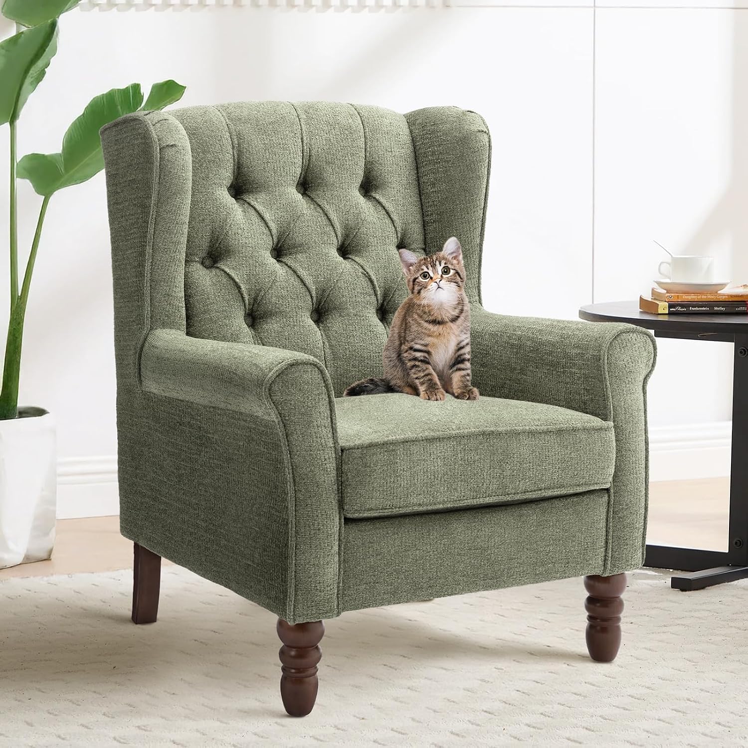 Detalle de COLAMY W290 Mid-Century Modern Wingback Accent Chair, Green Fabric