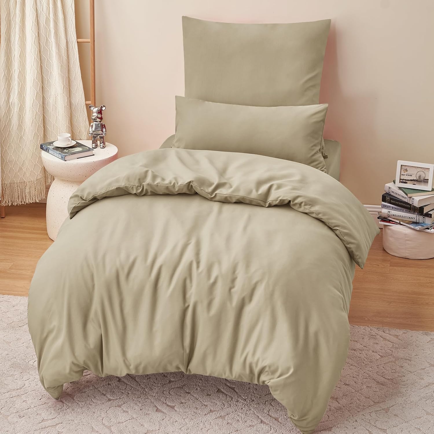 Thumbnail 2 de RUIKASI Housse de couette 140x200 cm kaki en microfibre avec fermeture éclair (parure 1 personne + taie 65x65 cm)