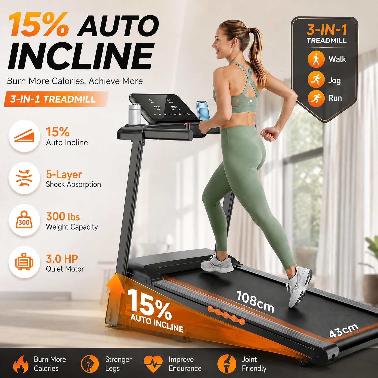 Detalle 2 de JAGJOG 15% Auto Incline Foldable Treadmill, 14 km/h, 3.0 HP Motor