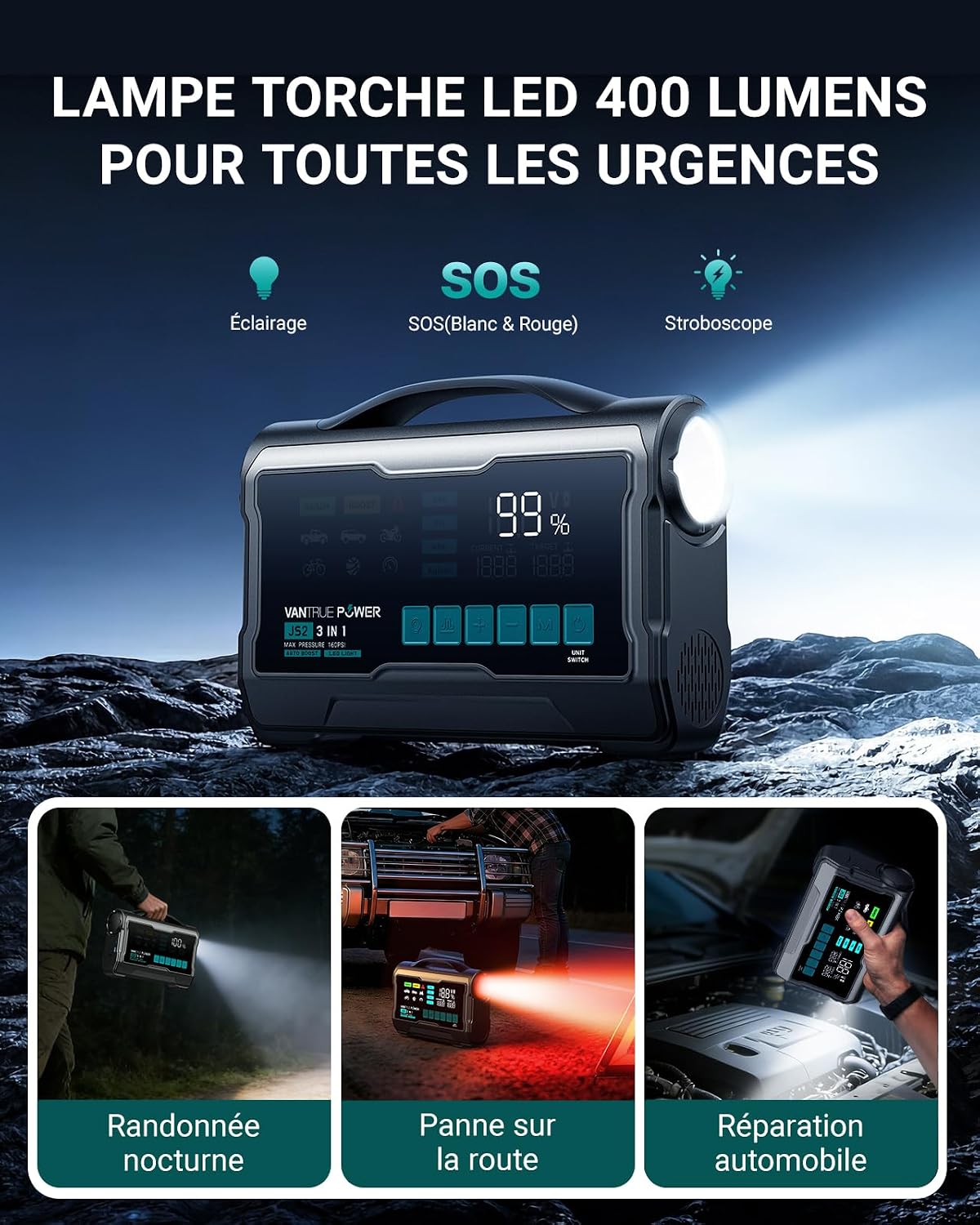 Thumbnail 3 de VANTRUE POWER JS2 2500A: Booster batteries et gonfleur 9" avec charge rapide et affichage en temps réel
