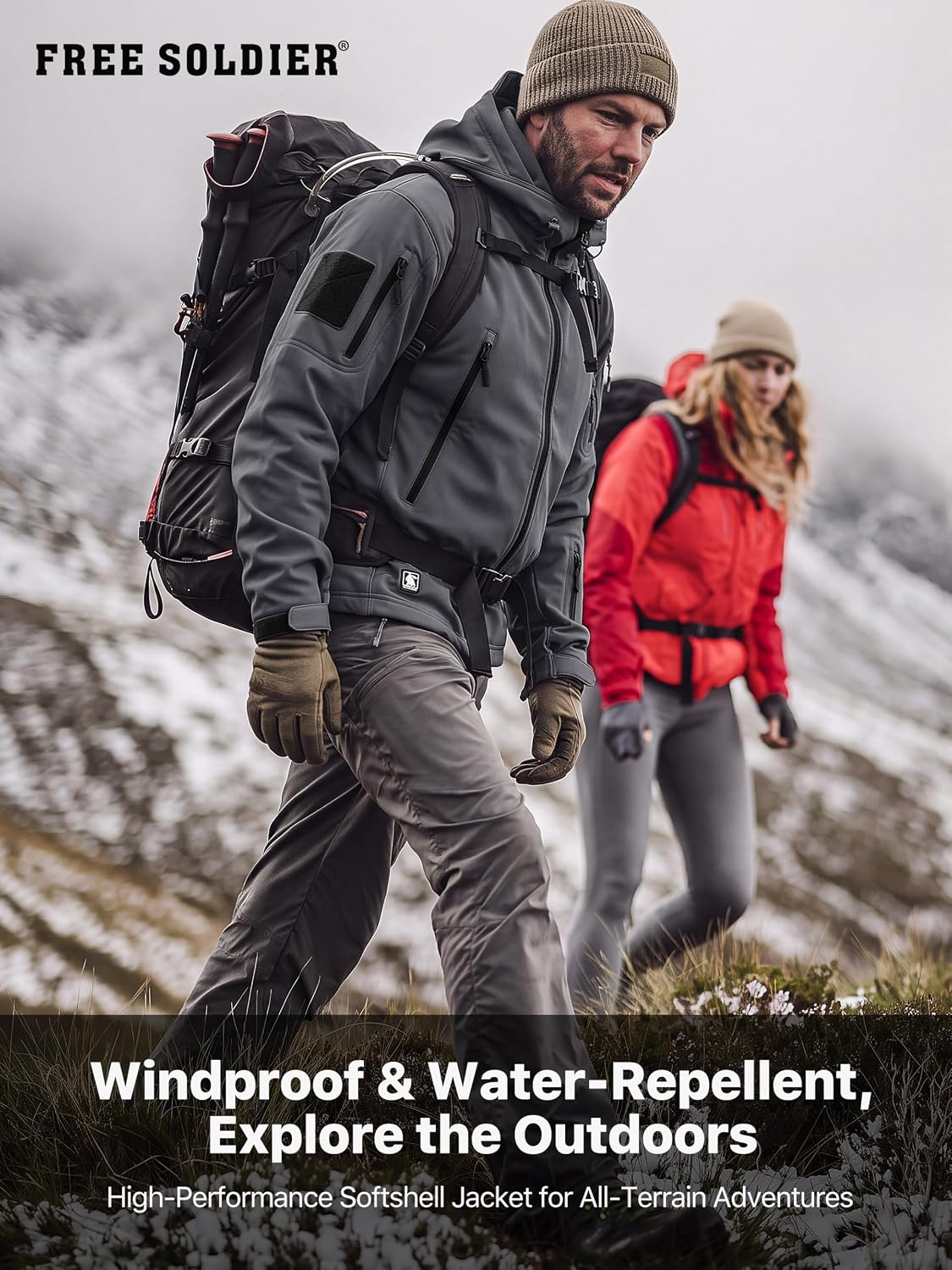 Detalle de FREE SOLDIER Men's Hooded Softshell Jacket, Waterproof, Fleece-Lined, 9 Pockets