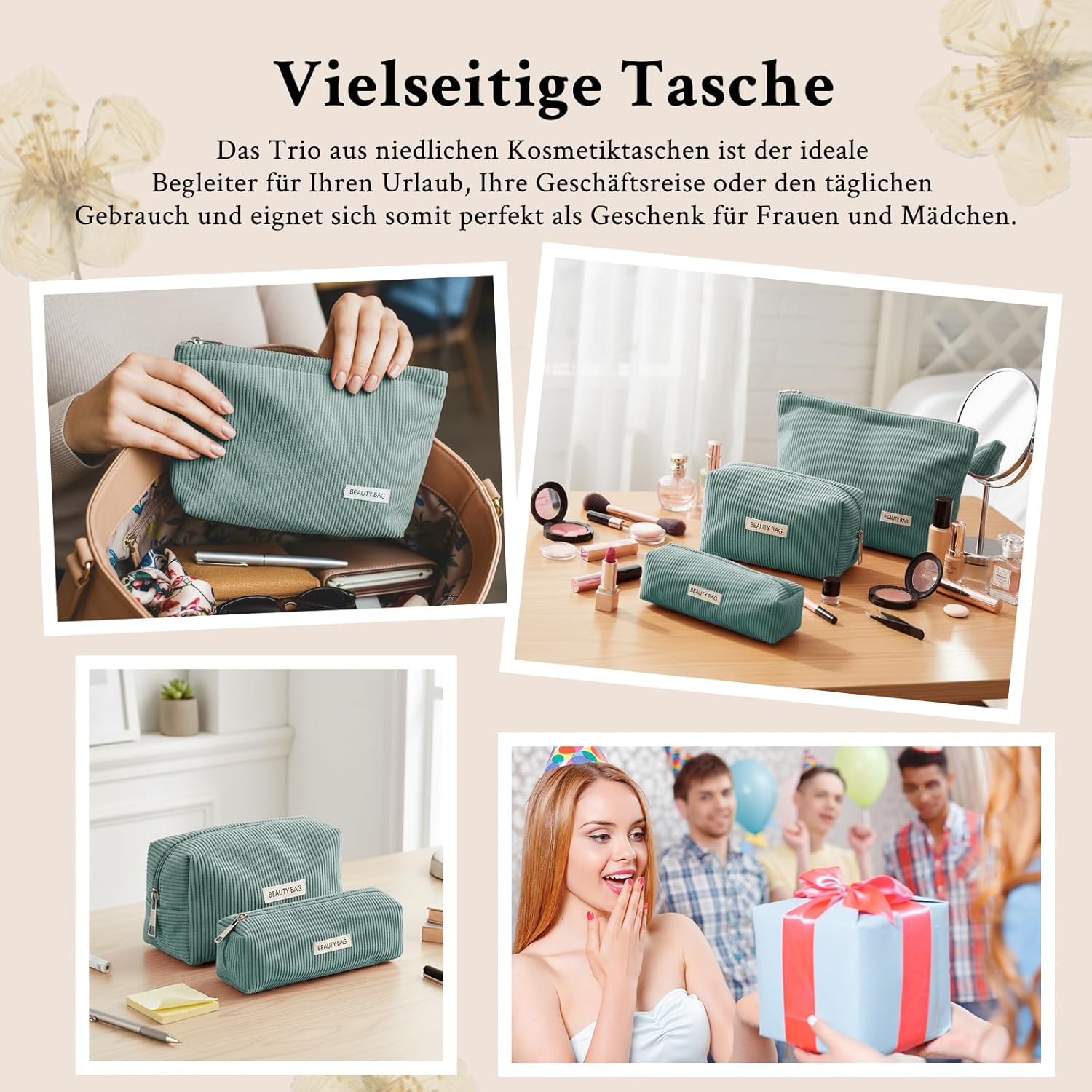 Detalle de Kosmetiktasche Damen 3 Stück – Kulturtasche mit Reißverschluss, grün, 3 Größen (Klein, Mittel, Groß) für Reisen und Alltag