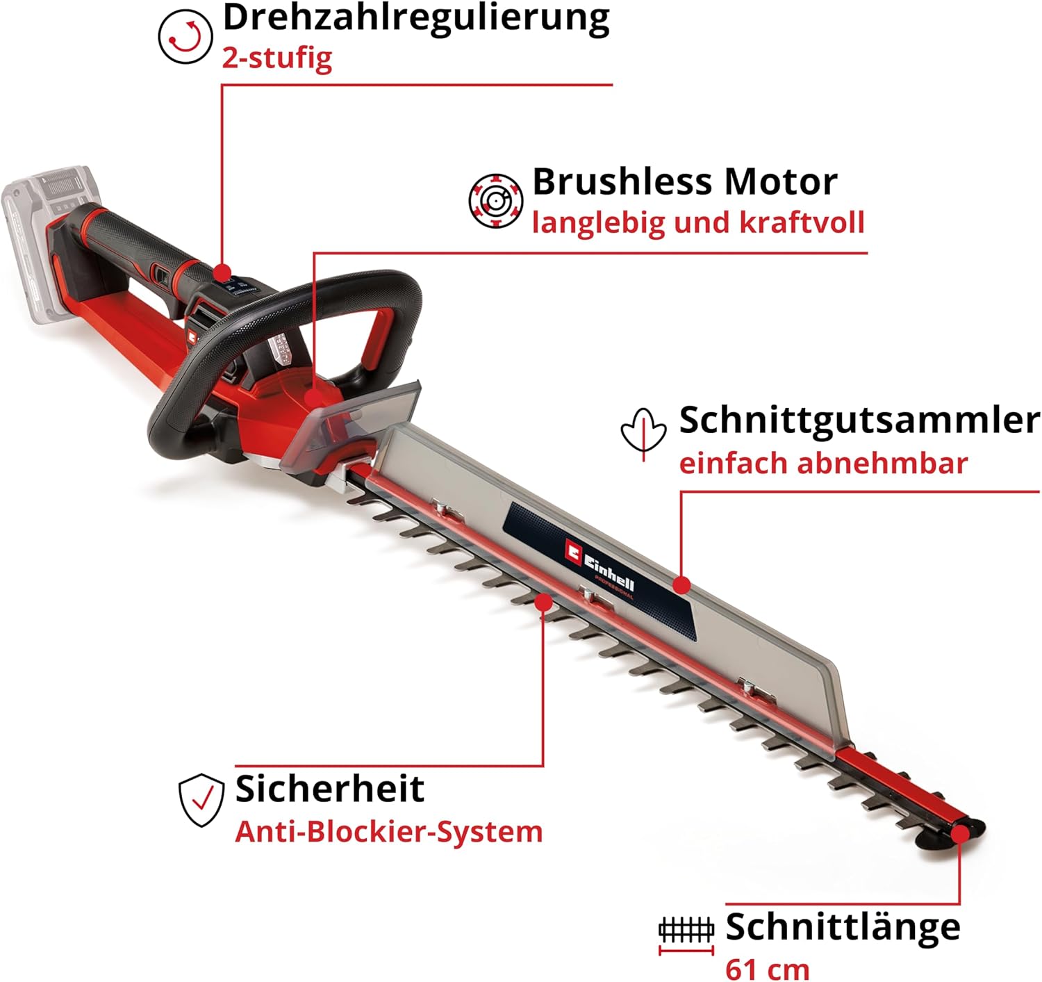 Detalle de Einhell Professional Akku-Heckenschere GP-CH 18/61 Li BL-Solo Power X-Change (18 V) – kompakt, stark und flexibel