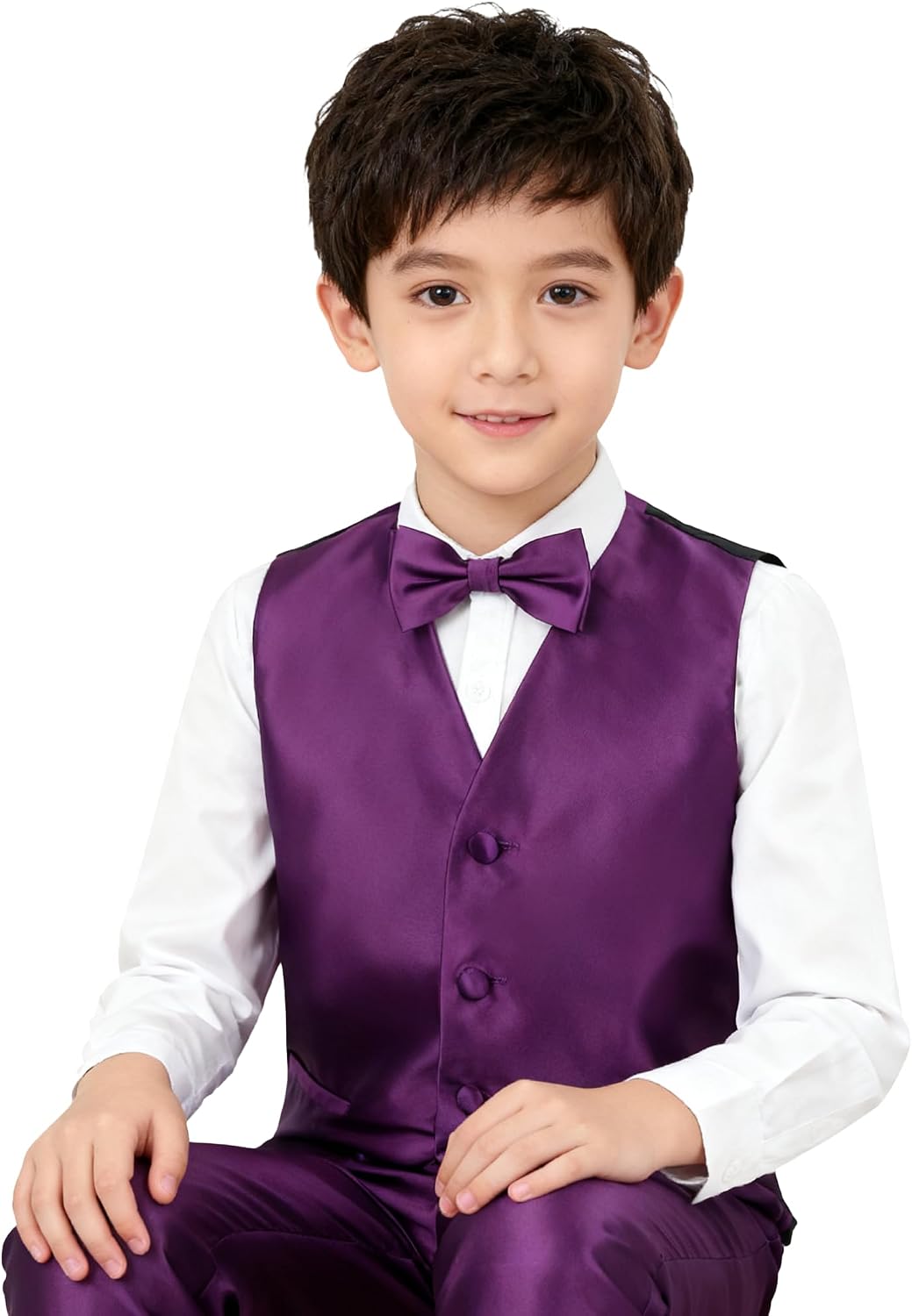 Detalle de Alizeal Boys 3pc Bow Tie, Necktie & Waistcoat Set — Solid Colour