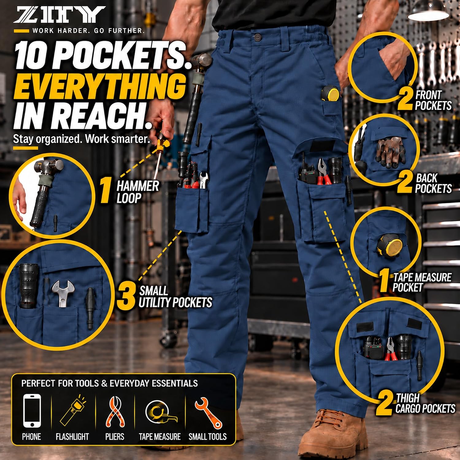 Detalle de ZITY Men's Work Pants, 10-Pocket Water-Resistant Ripstop Cargo Pants
