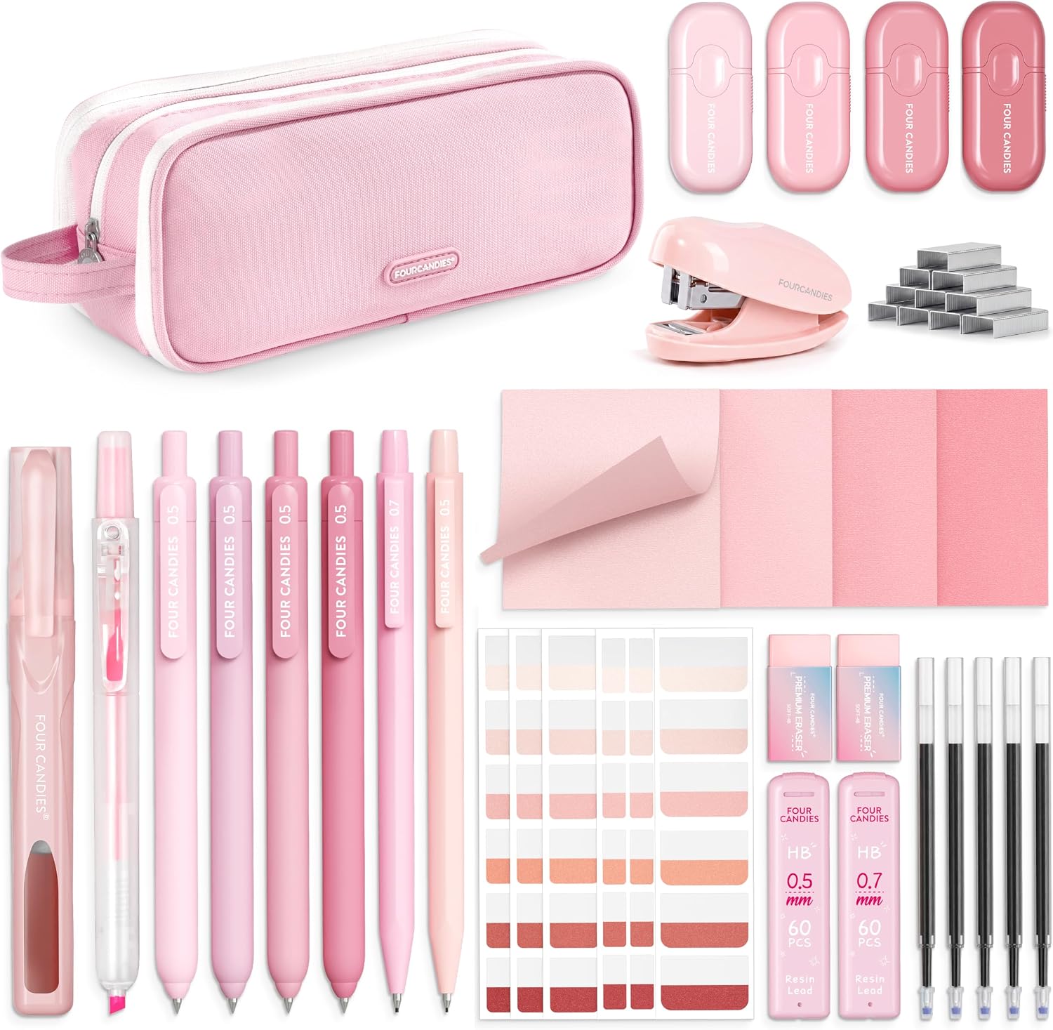 Detalle de Four Candies Pink Stationery Set with 3-Compartment Pencil Case and Stapler