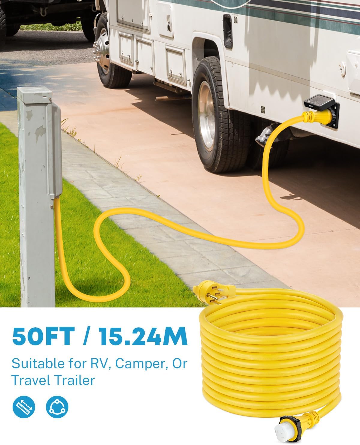Thumbnail 6 de Kohree 50' 50 Amp RV Extension Cord with Twist Lock: NEMA 14-50P to SS2-50R, 30M/50F Adapter Included