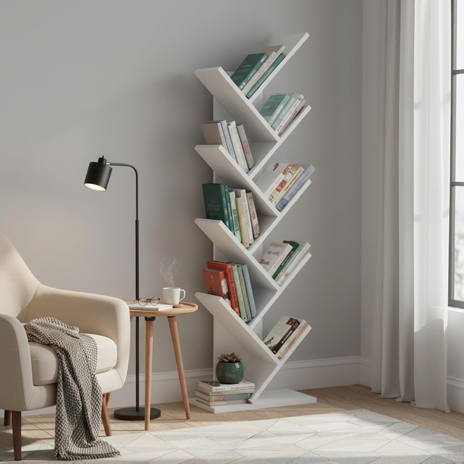 Thumbnail 4 de Baroni Home Libreria ad Albero Salvaspazio a 8 Ripiani – scaffale verticale, 20x40x127 cm, Bianca