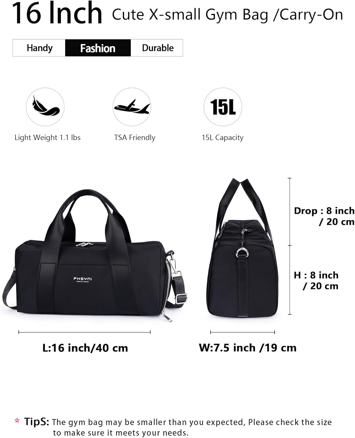 Thumbnail 1 de Small Gym Bag for Boys/Kids and Women — 16" PU Leather Handle Duffle with Shoes Compartment & Waterproof Pocket