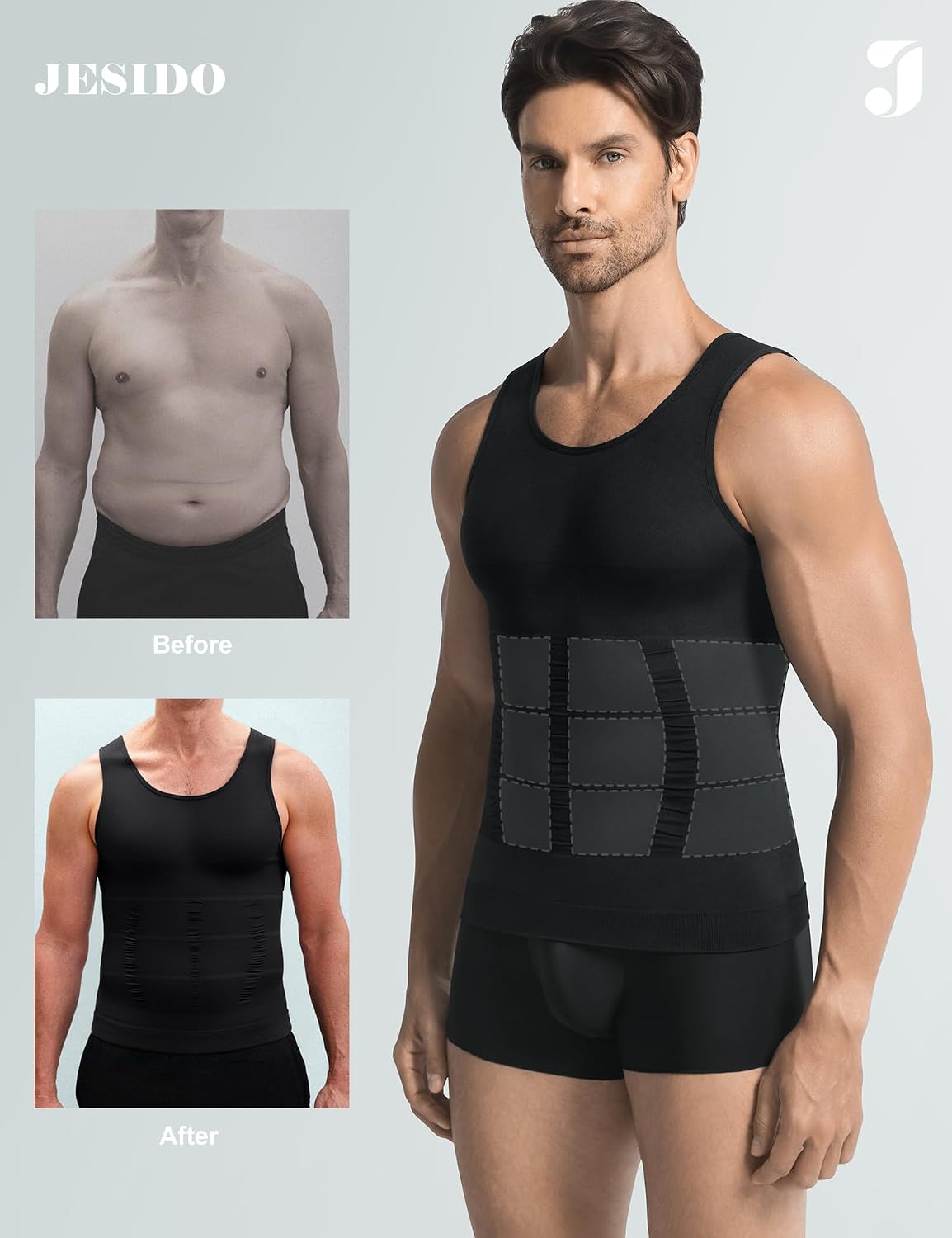 Detalle 2 de JESIDO 3-Pack Compression Shirt for Men: Slimming Body Shaper Tank Top