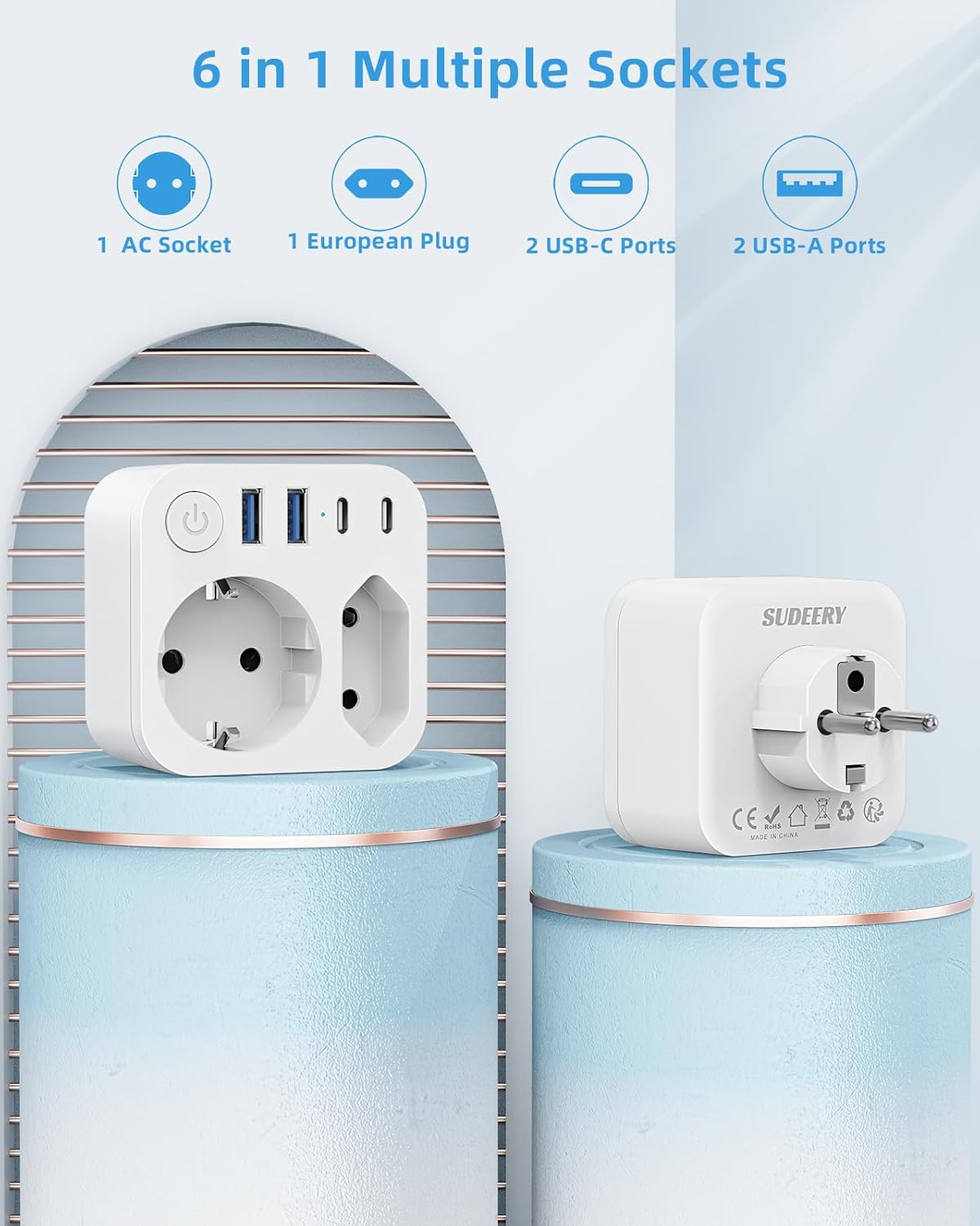 Detalle de SUDEERY Steckdosenleiste mit USB (2 Typ-C) – 2-fach Mehrfachstecker, 6-in-1, Weiß