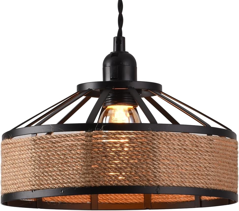 Detalle de Metal & Rope Pendant Light Shade, 30cm Black Hemp Rope — Retro Ceiling Lamp Shade