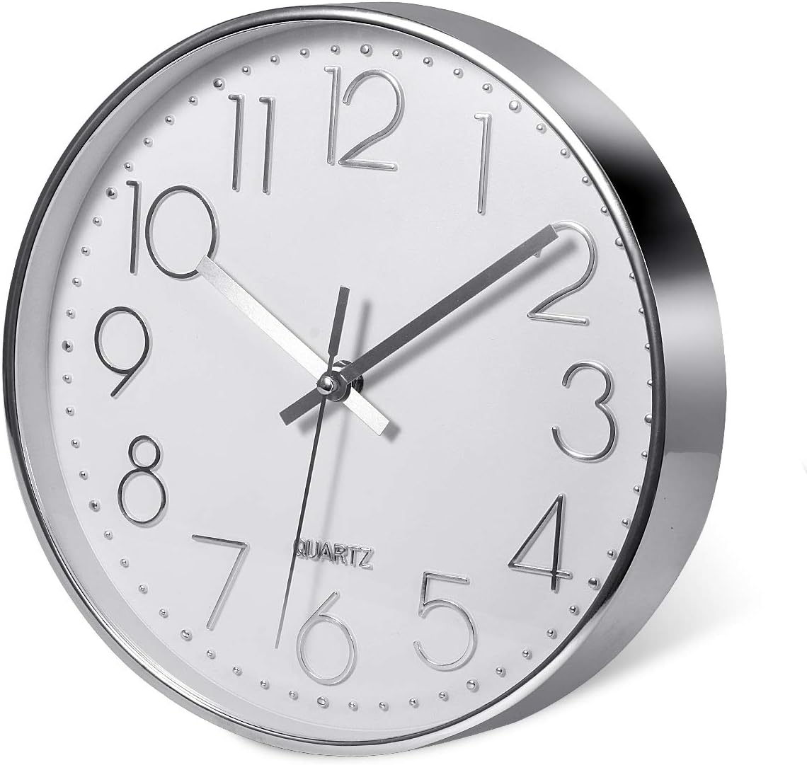 Thumbnail 5 de Delgeo Modern Silent Wall Clock 25-30cm – Minimalist White/Silver Timepiece for Living Room or Kitchen