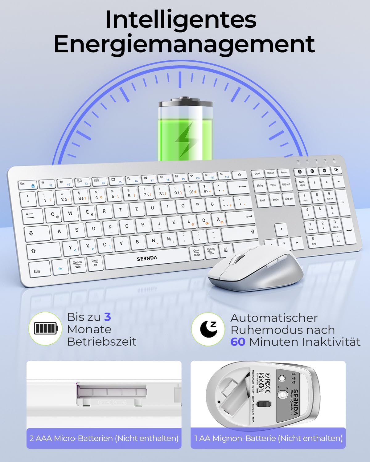 Detalle 2 de Seenda COE300 – Kabellos-Set: Tastatur und Maus, Dual-Bluetooth + 2,4 GHz, ultradünn, QWERTZ, Weiß/Silber