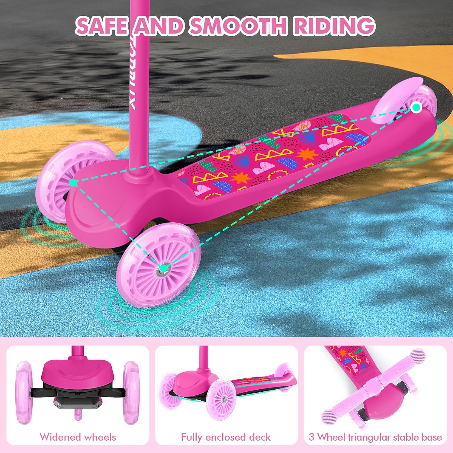 Detalle de TONBUX Kids Scooter for Ages 3-8 (3-Wheel) with Light-Up Wheels & Adjustable 4-Level Height