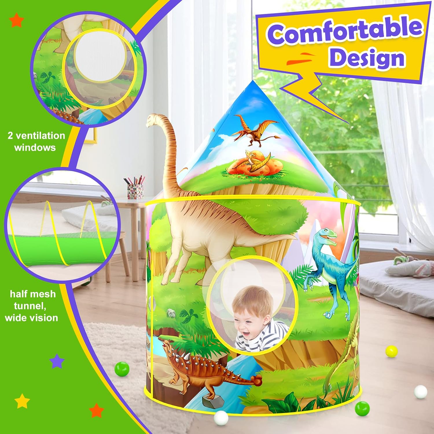 Detalle de 3PC Dinosaur Tent for Boys with Ball Pit, Tunnel & Pop Up Playhouse
