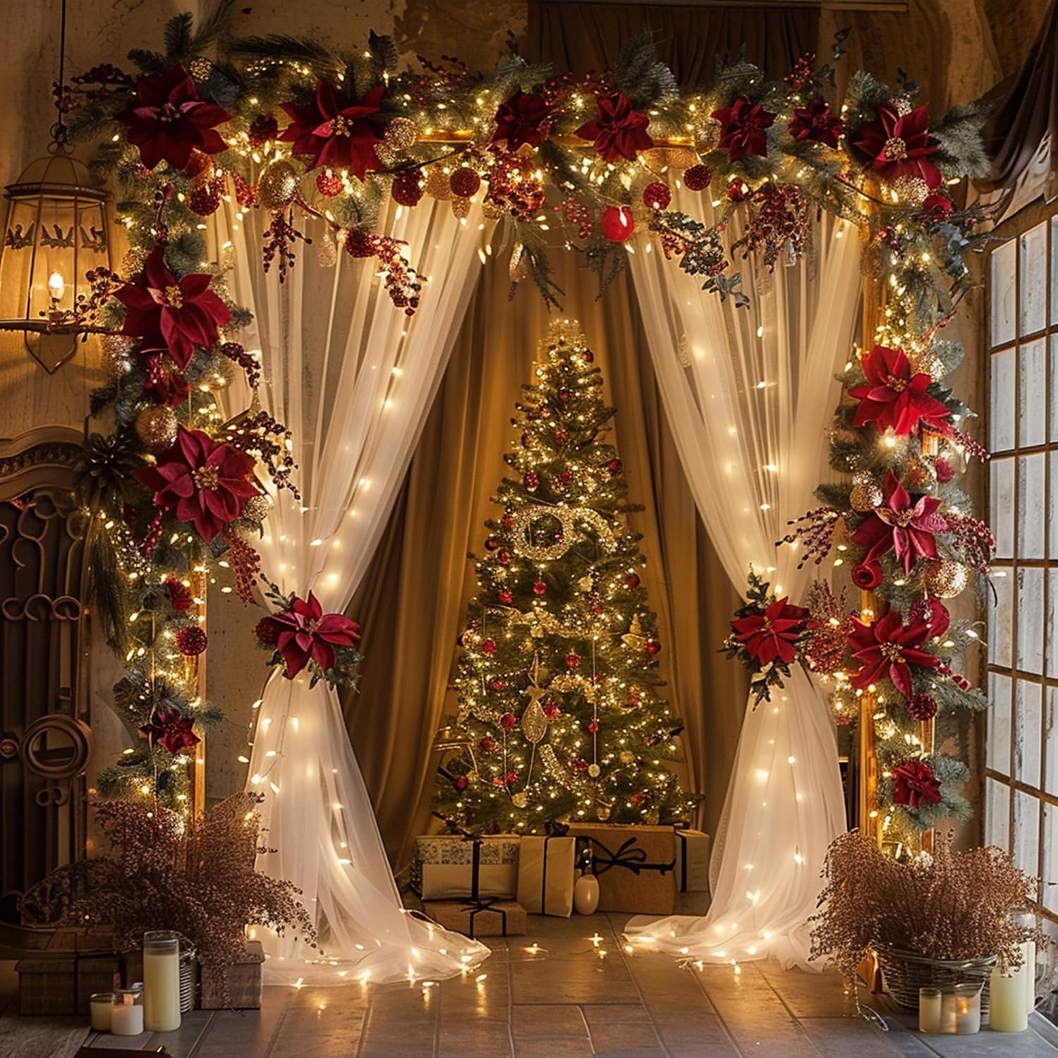 Detalle de Fomcet Tulle Backdrop Curtains with Lights – 2 Panels, 10ft String Lights, 5x8 ft Each
