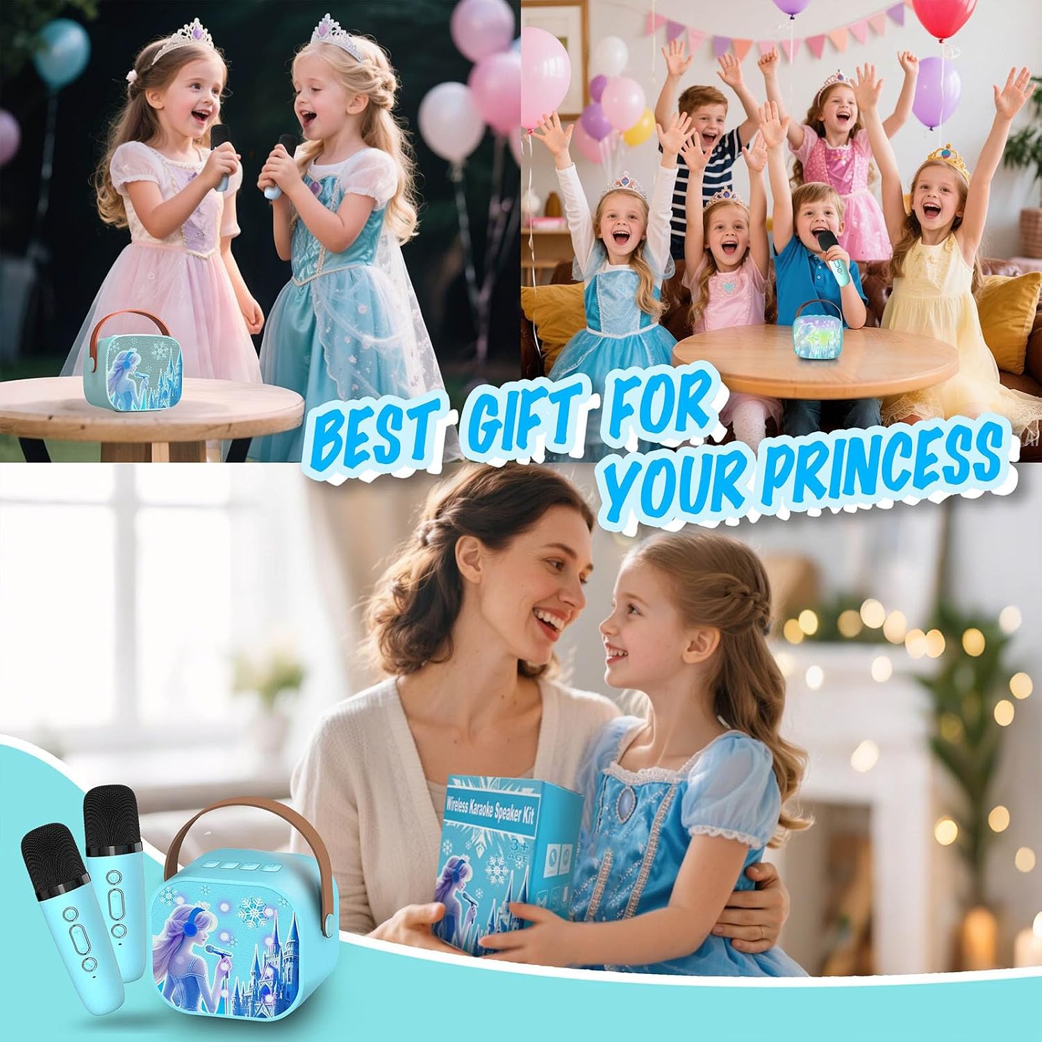 Thumbnail 3 de CINKOLA Kids Frozen karaoke machine with 2 wireless microphones (Bluetooth, LED lights, voice effects)