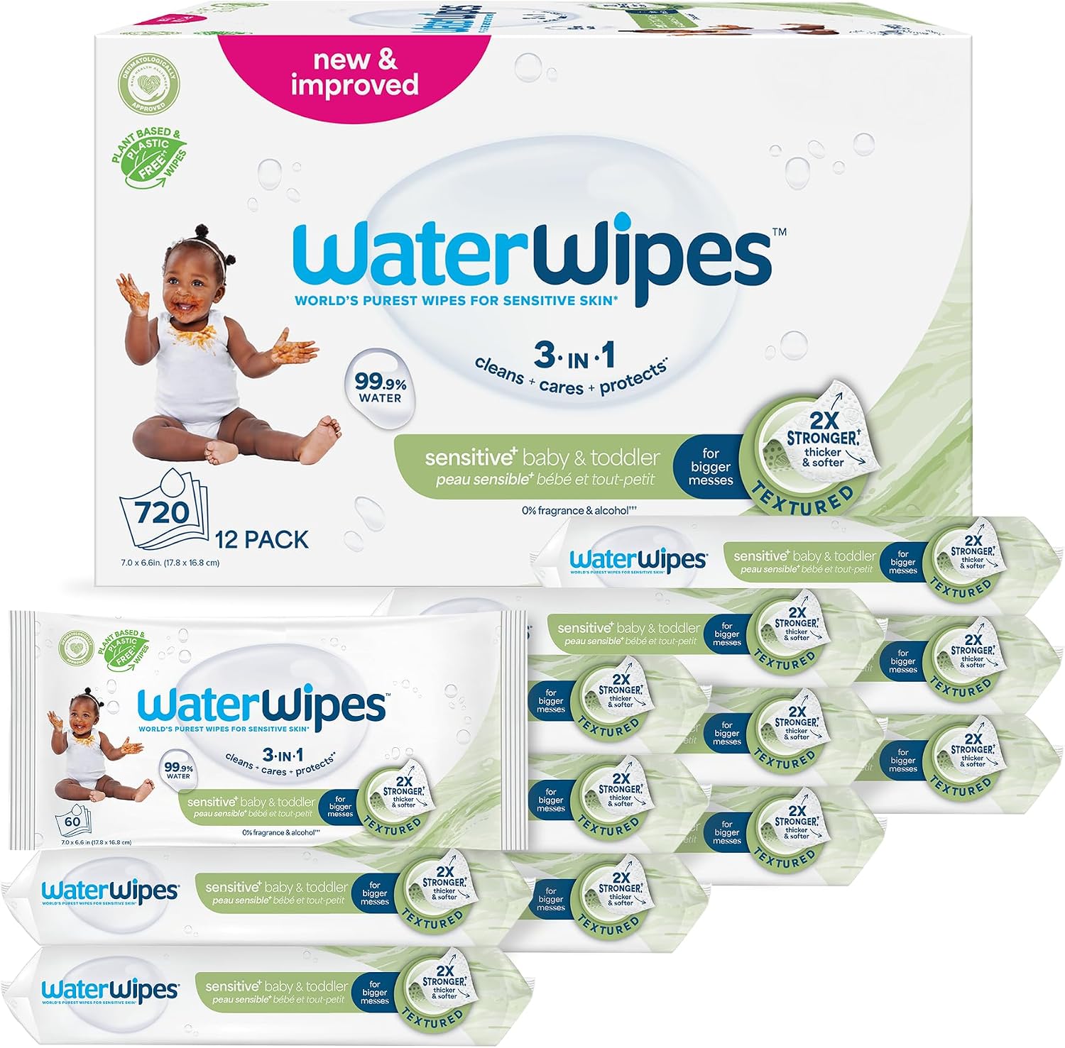 Detalle de WaterWipes Sensitive+ Baby- und Kleinkind-Feuchttücher 3-in-1, parfümfrei – 12er Pack (720 Stück)