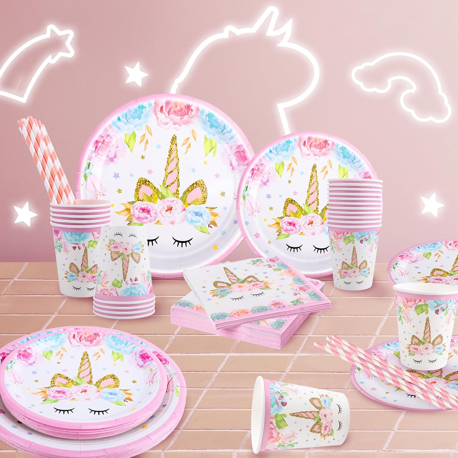 Thumbnail 6 de Aitsite Einhorn Partygeschirr-Set (100-teilig) – Geschirr für 20 Kinder auf dem Geburtstag, rosa