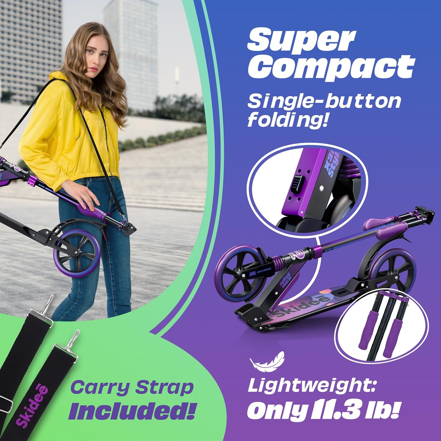 Thumbnail 3 de Skidee Adult & Teen Scooter: Adjustable, Foldable, and Lightweight with Anti-Shock Suspension