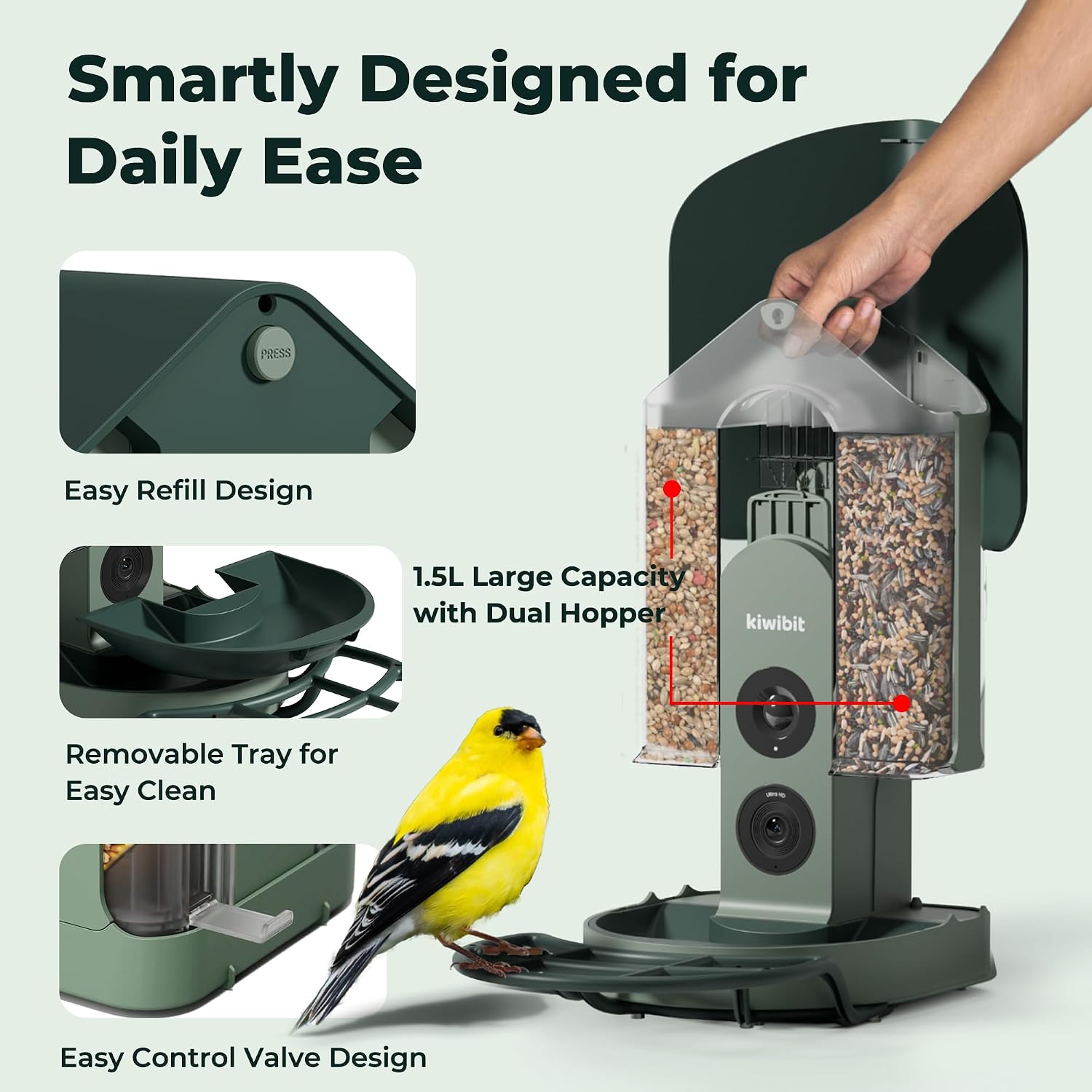 Detalle de Kiwibit BW511 Smart Bird Feeder with 4K Camera, Solar Panel and 1.5 L Capacity