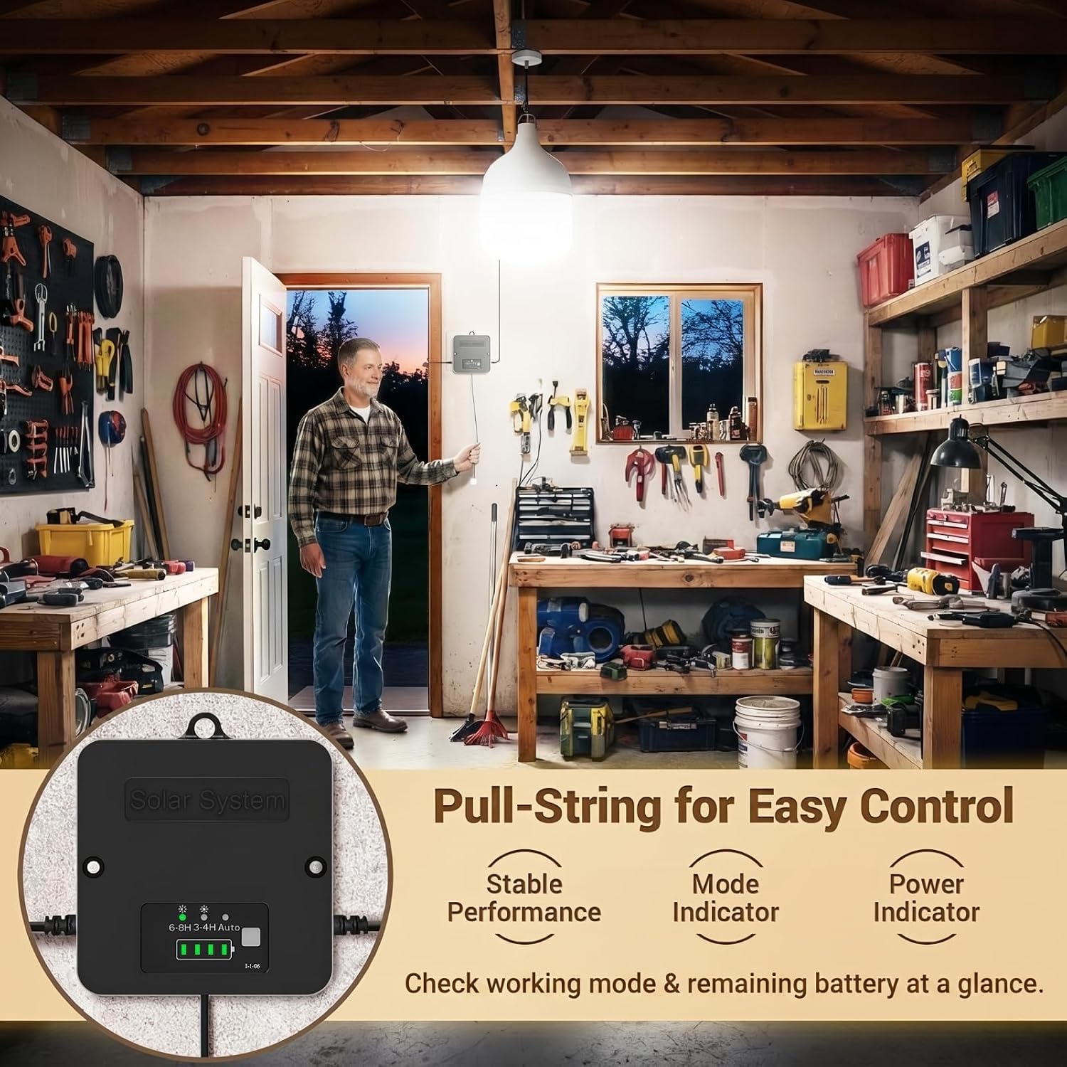 Thumbnail 1 de ZASUN Solar Shed Light Indoor Outdoor with Pull String, 6500K Daylight, IP65 Split Design