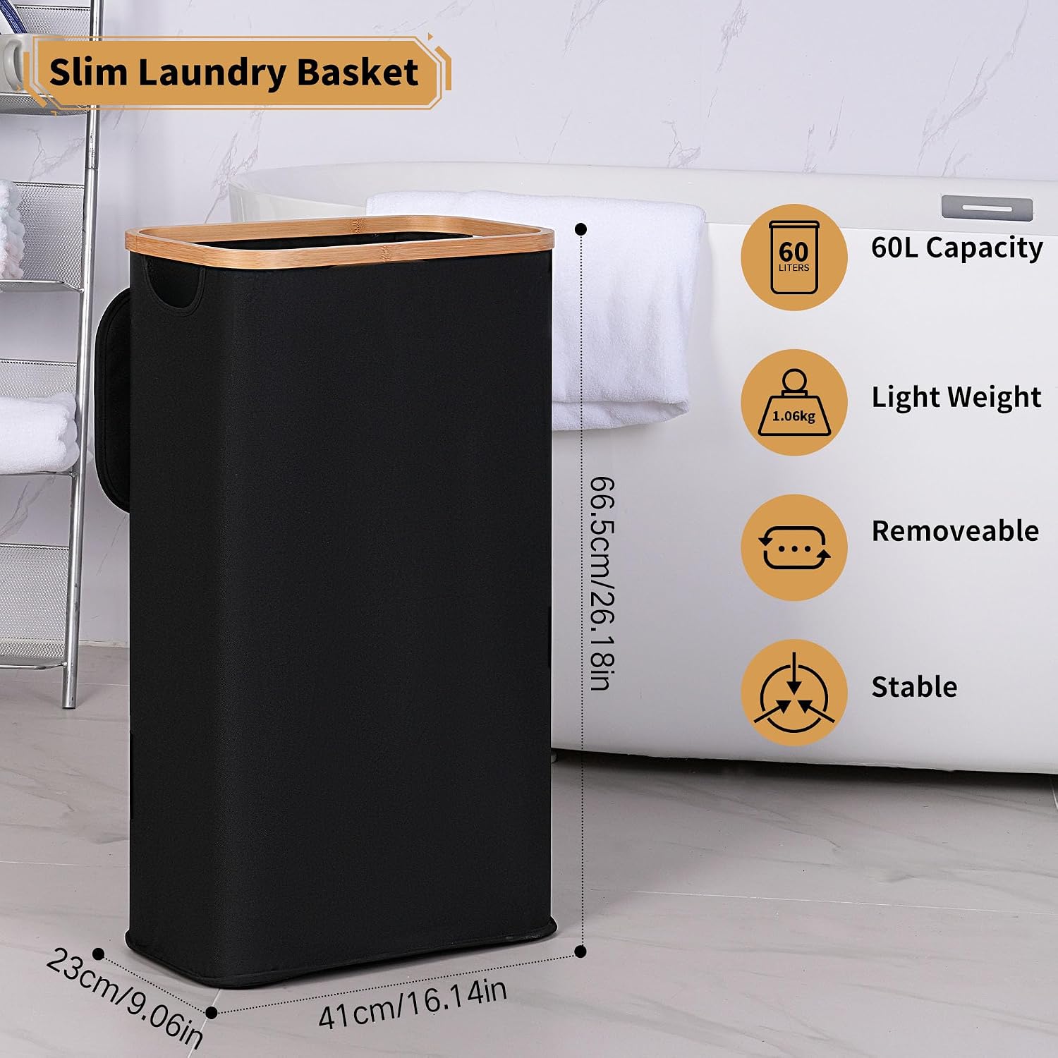 Detalle 2 de iEGrow 60L black laundry hamper, slim fabric basket with bamboo handles