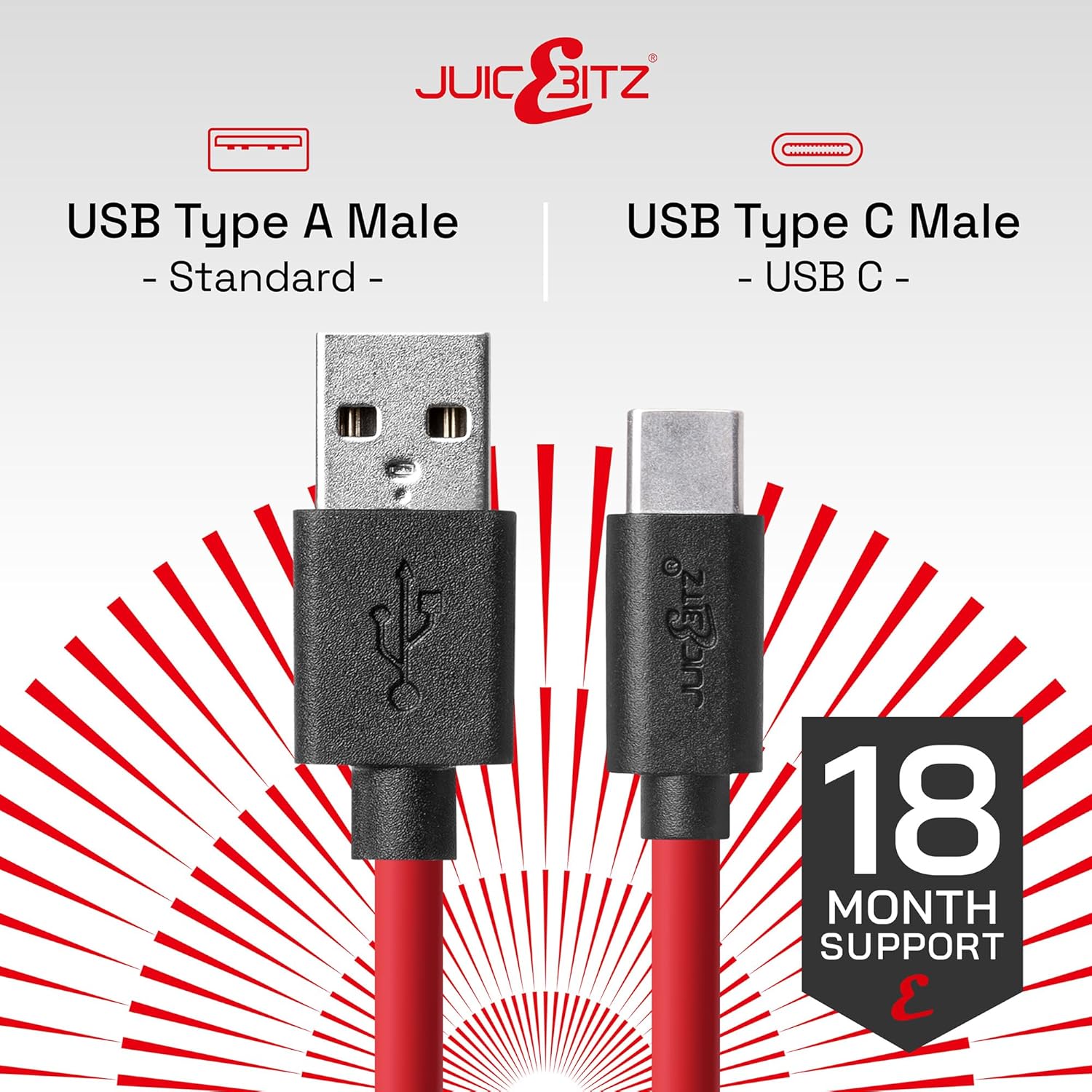 Thumbnail 1 de JuicEBitz USB A to USB C Cable 2m – Fast Charging & Data, Red