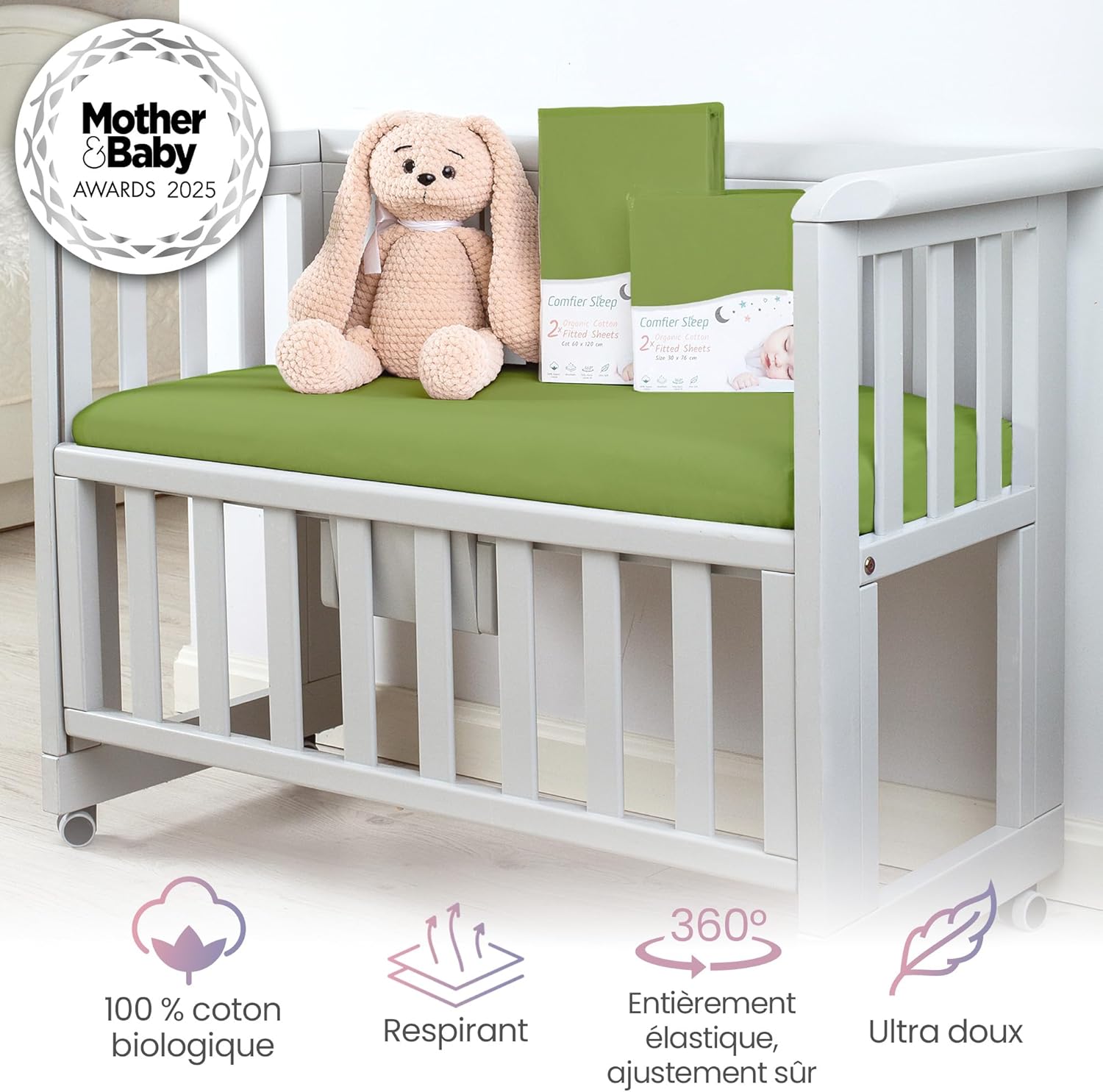 Thumbnail 2 de Drap Housse Comfier Sleep 70x140 Bebe – Lot de 2 en coton naturel 100% (Vert)