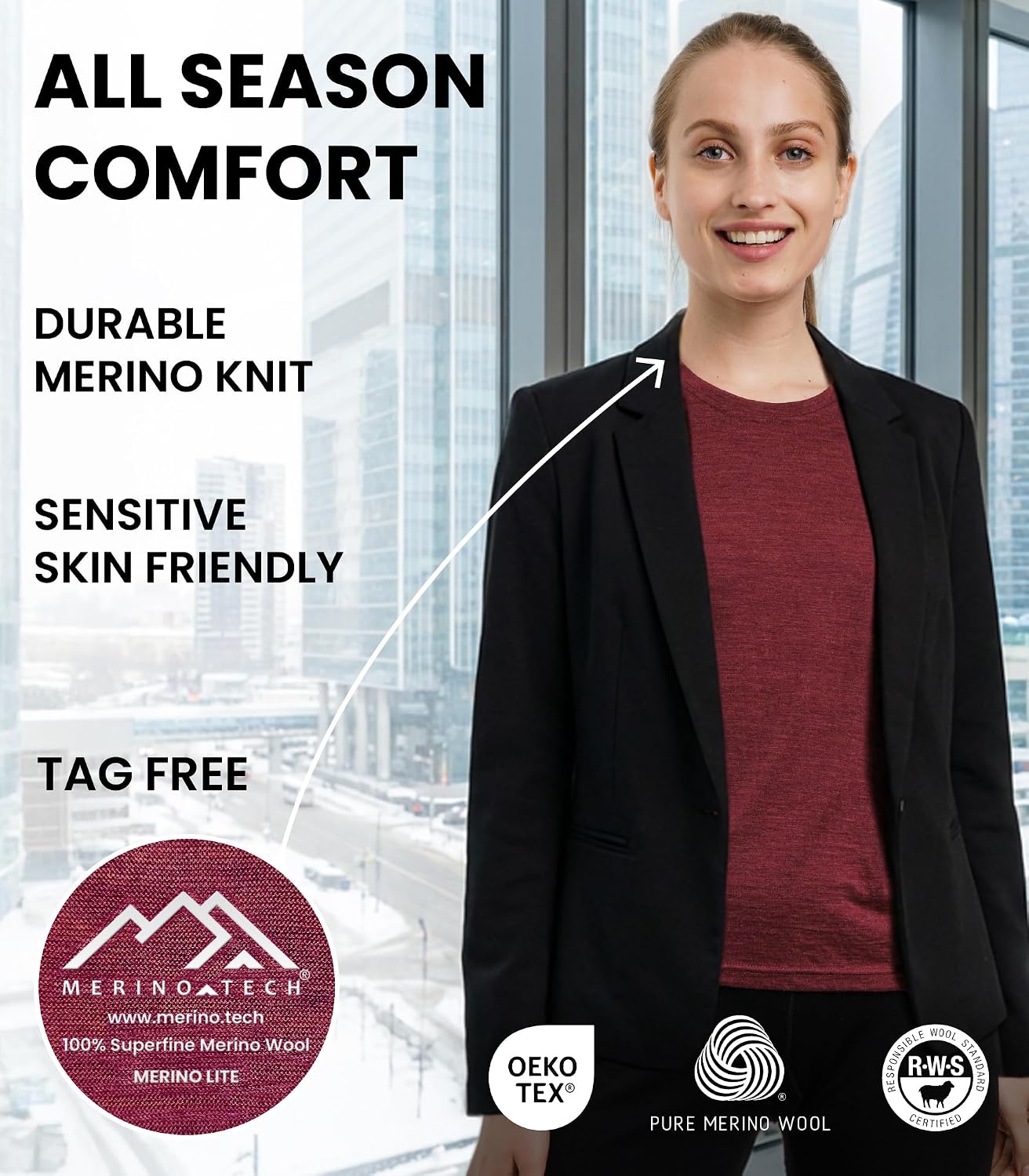 Detalle de Merino.tech Maglietta Donna in lana merino 100% a manica corta (165 g/m²)