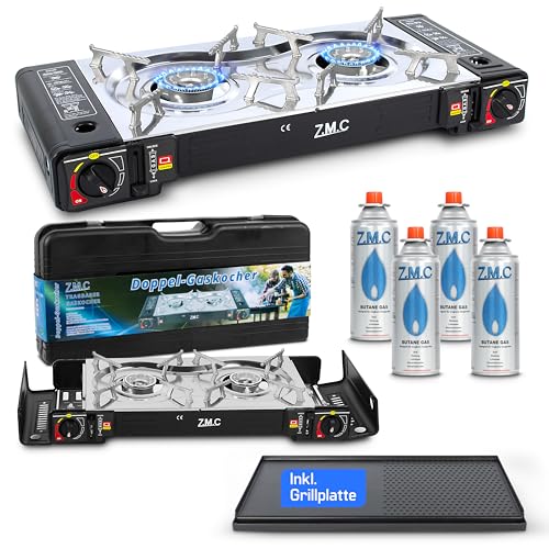 Detalle de Z.M.C Gaskocher Campingkocher 2-flammig mit Grillplatte und 4x 227 g Kartuschen
