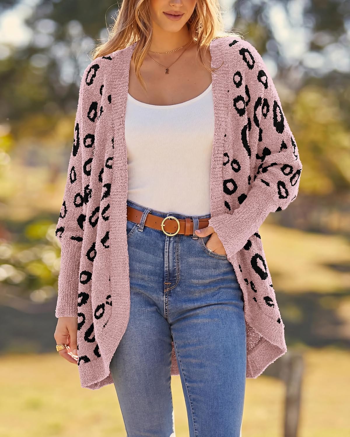 Detalle de BTFBM BT368 Leopard-Print Women's Cardigan, Batwing Sleeves, Loose Knit