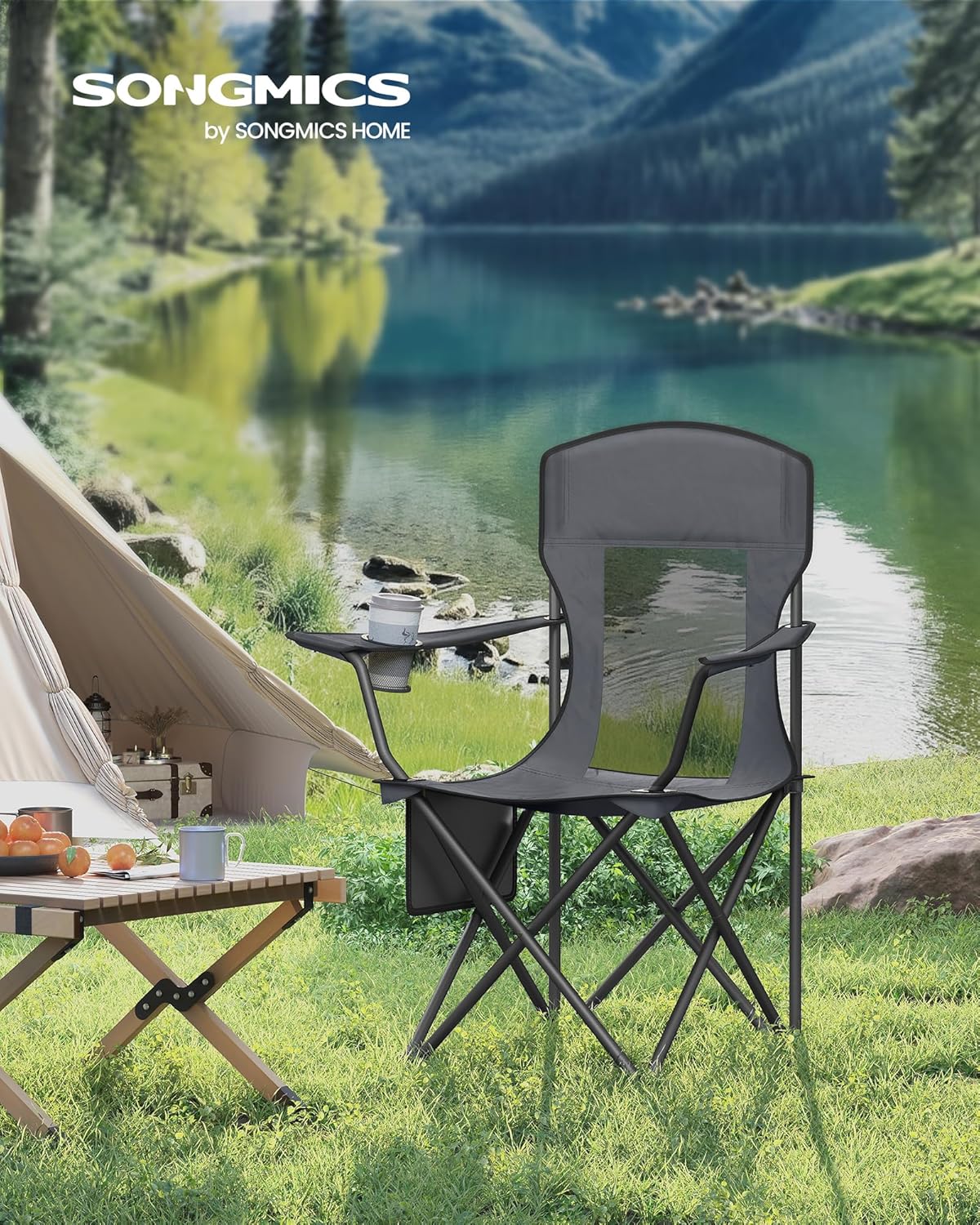Detalle de SONGMICS Chaises de Camping Respirantes (Lot de 2) – Chaises pliantes avec dossier haut et accoudoirs réglables, gris ardoise GCB028G01