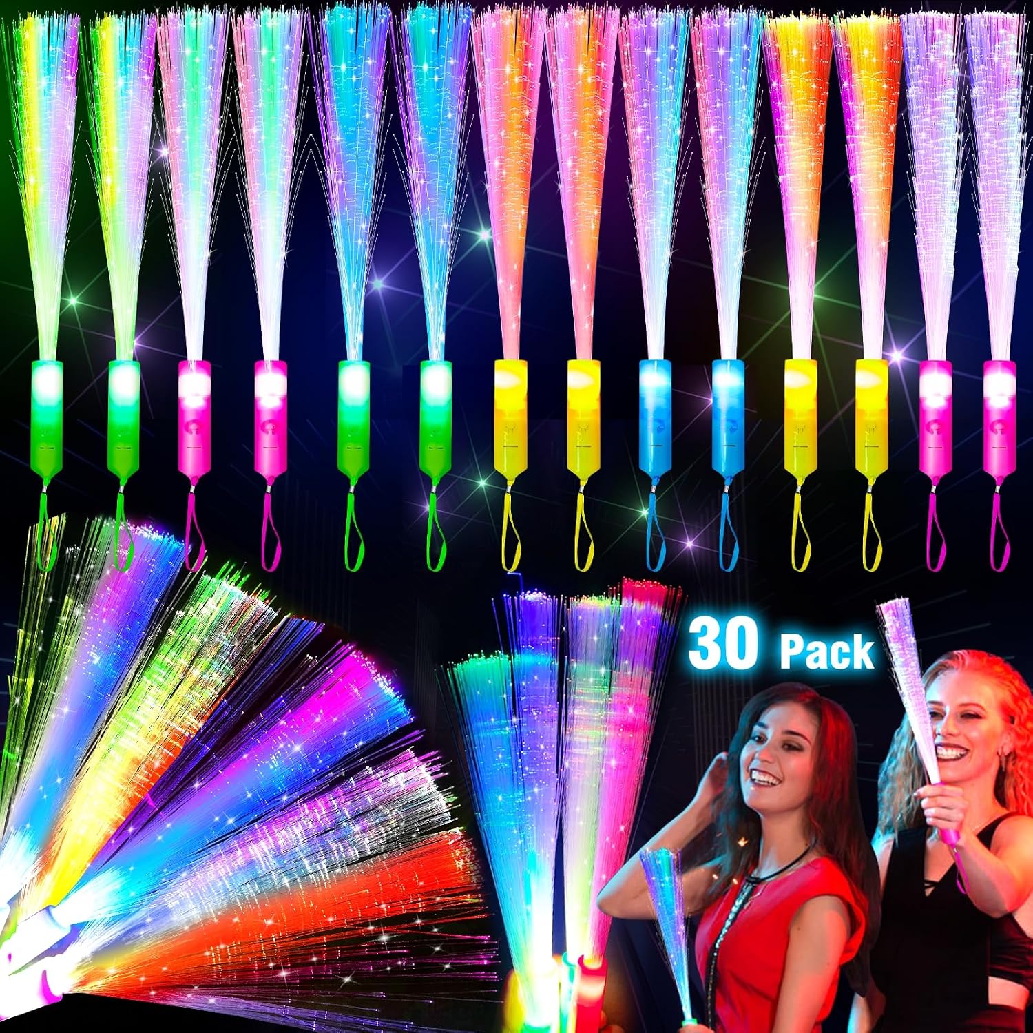 Detalle de TURNMEON LZY-24-GL32P-US3 Glow Fiber Optic Wands, 30-Pack, 7 Colors, 3 Modes